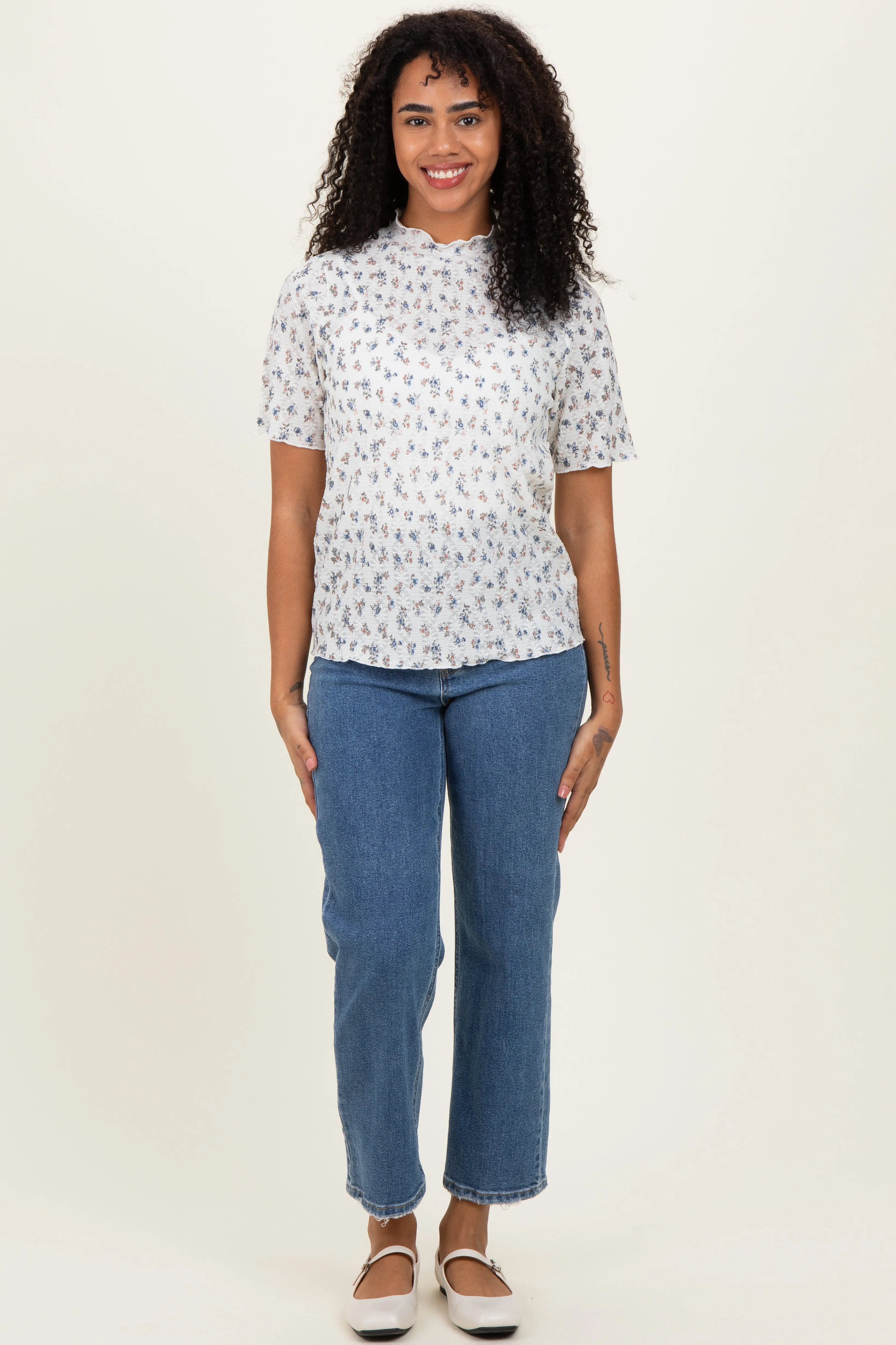 Ivory Floral Ruffle Trim Short Sleeve Top sold by Pinkblush product image thumbnail 2