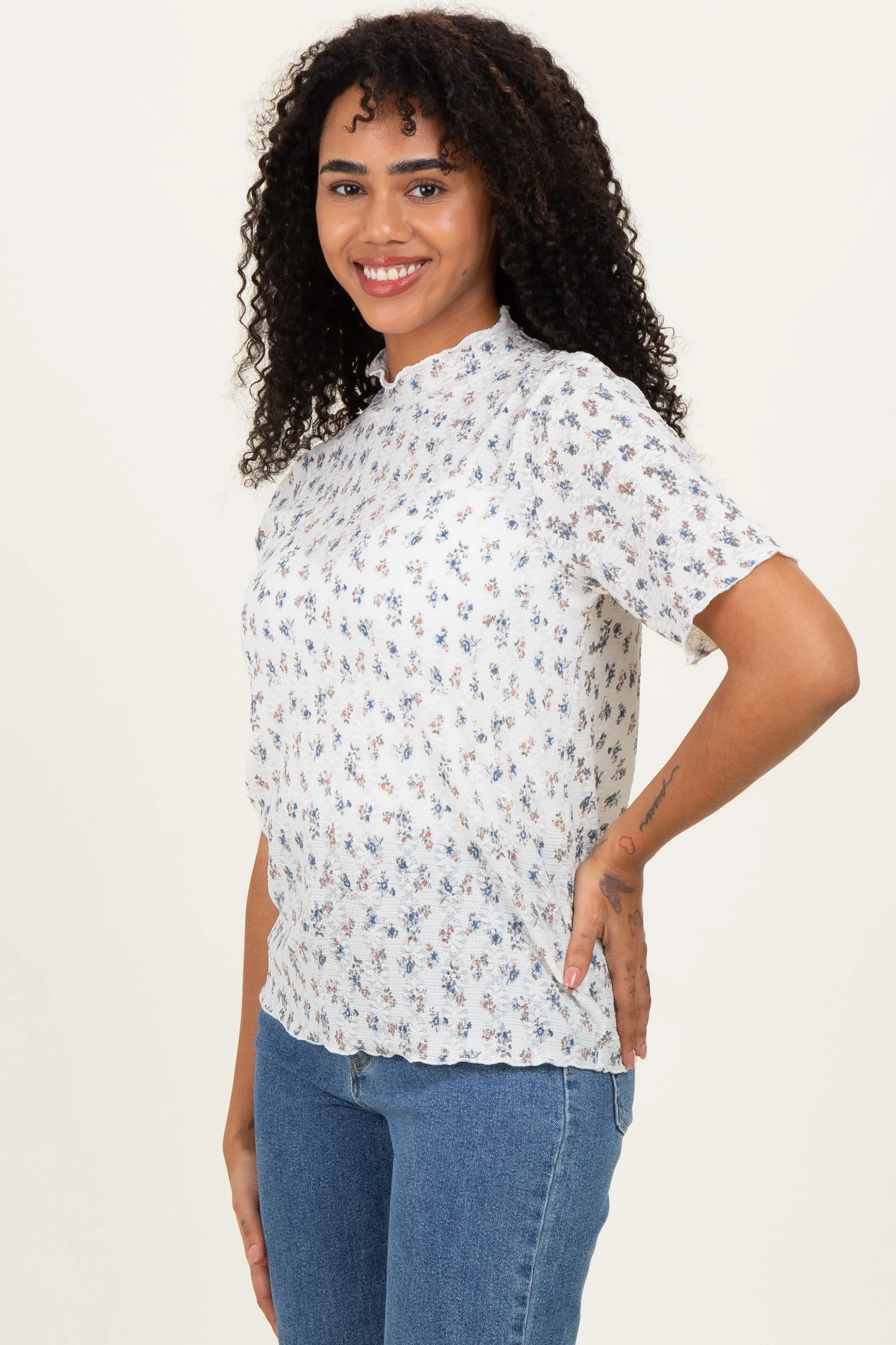 Ivory Floral Ruffle Trim Short Sleeve Top sold by Pinkblush product image thumbnail 3