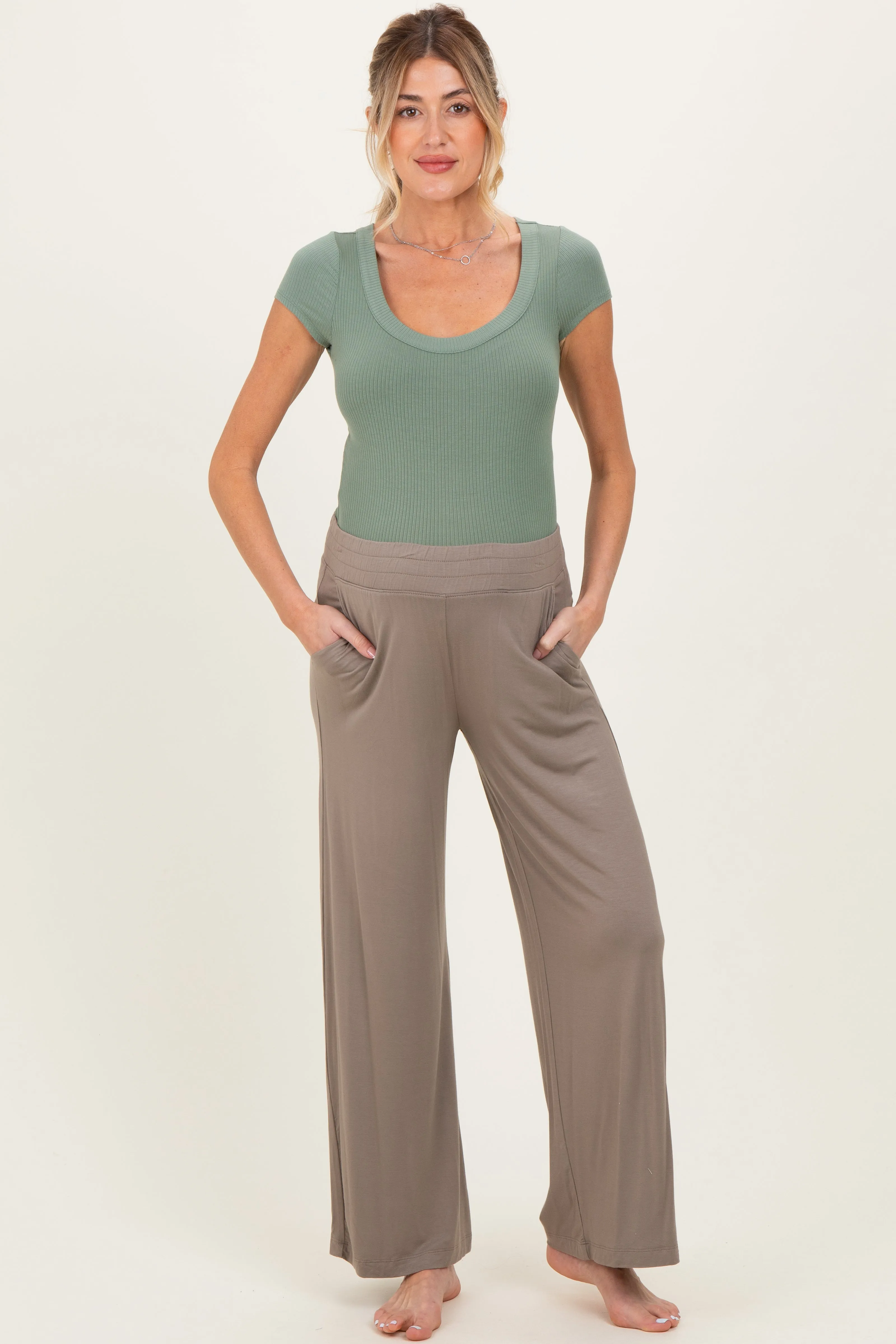 Taupe Ankle Wide Leg Maternity Pants sold by Pinkblush