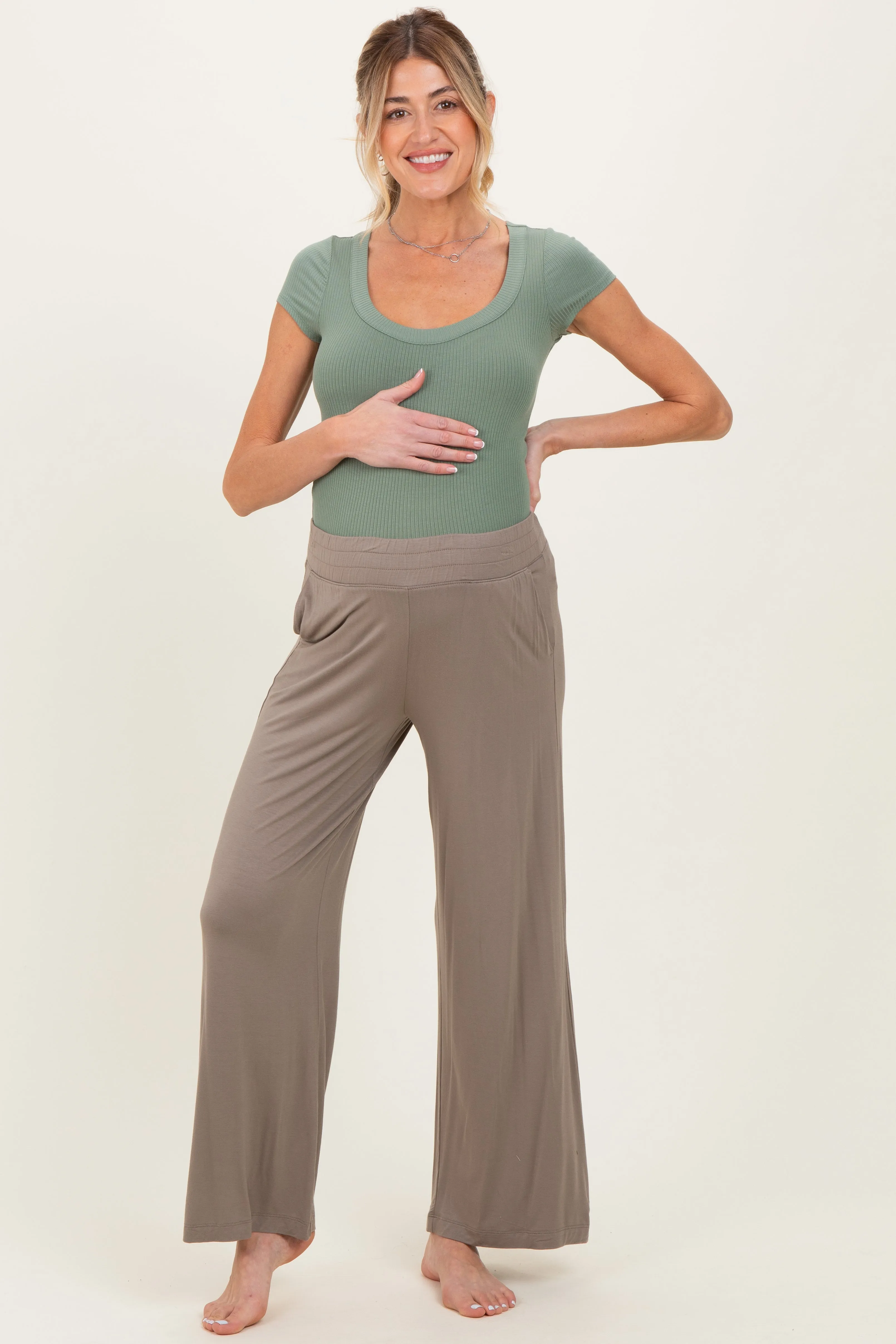 Taupe Ankle Wide Leg Maternity Pants sold by Pinkblush product image thumbnail 2