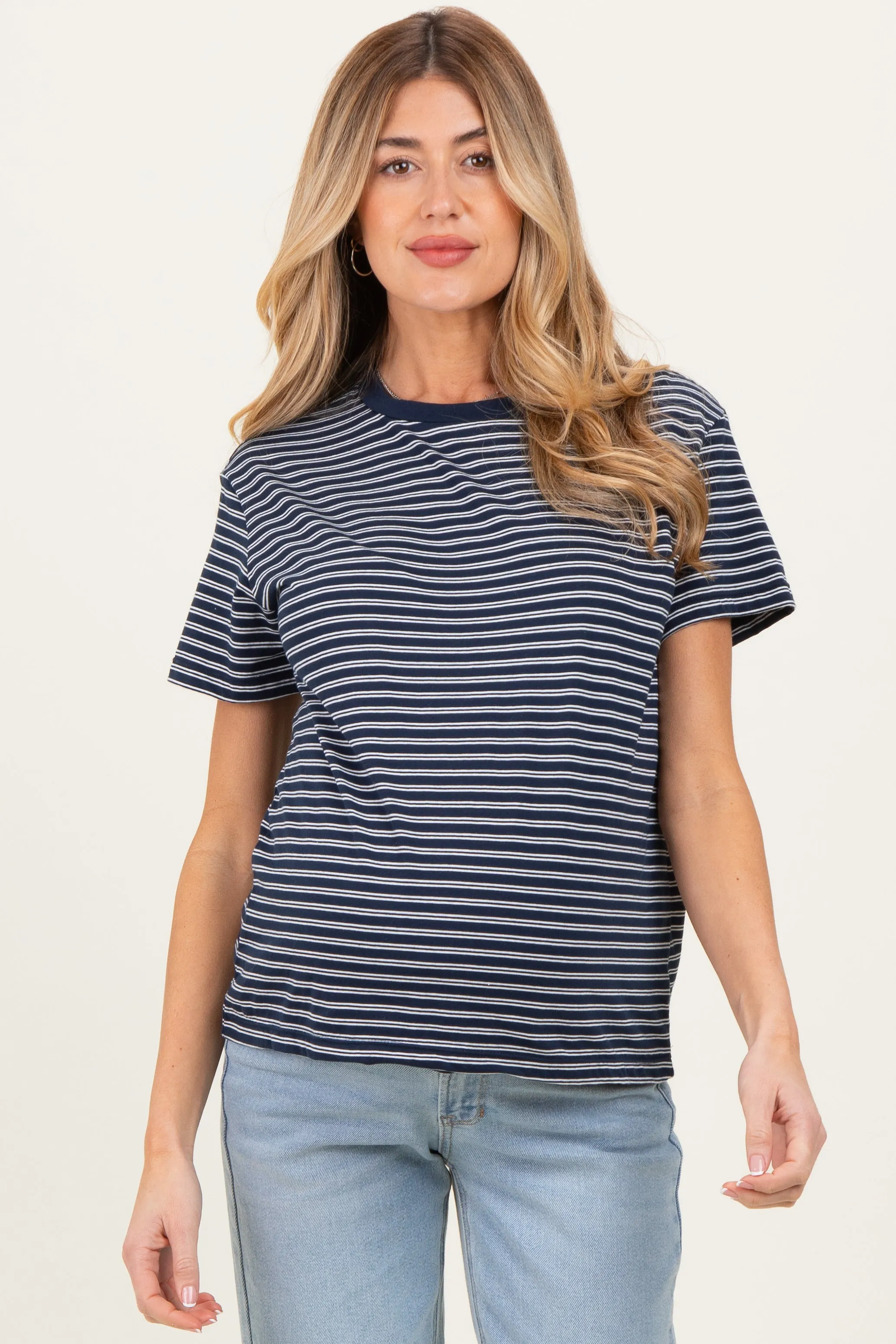 Navy/White Short Sleeve Round Neck Stripe Maternity Tee sold by Pinkblush