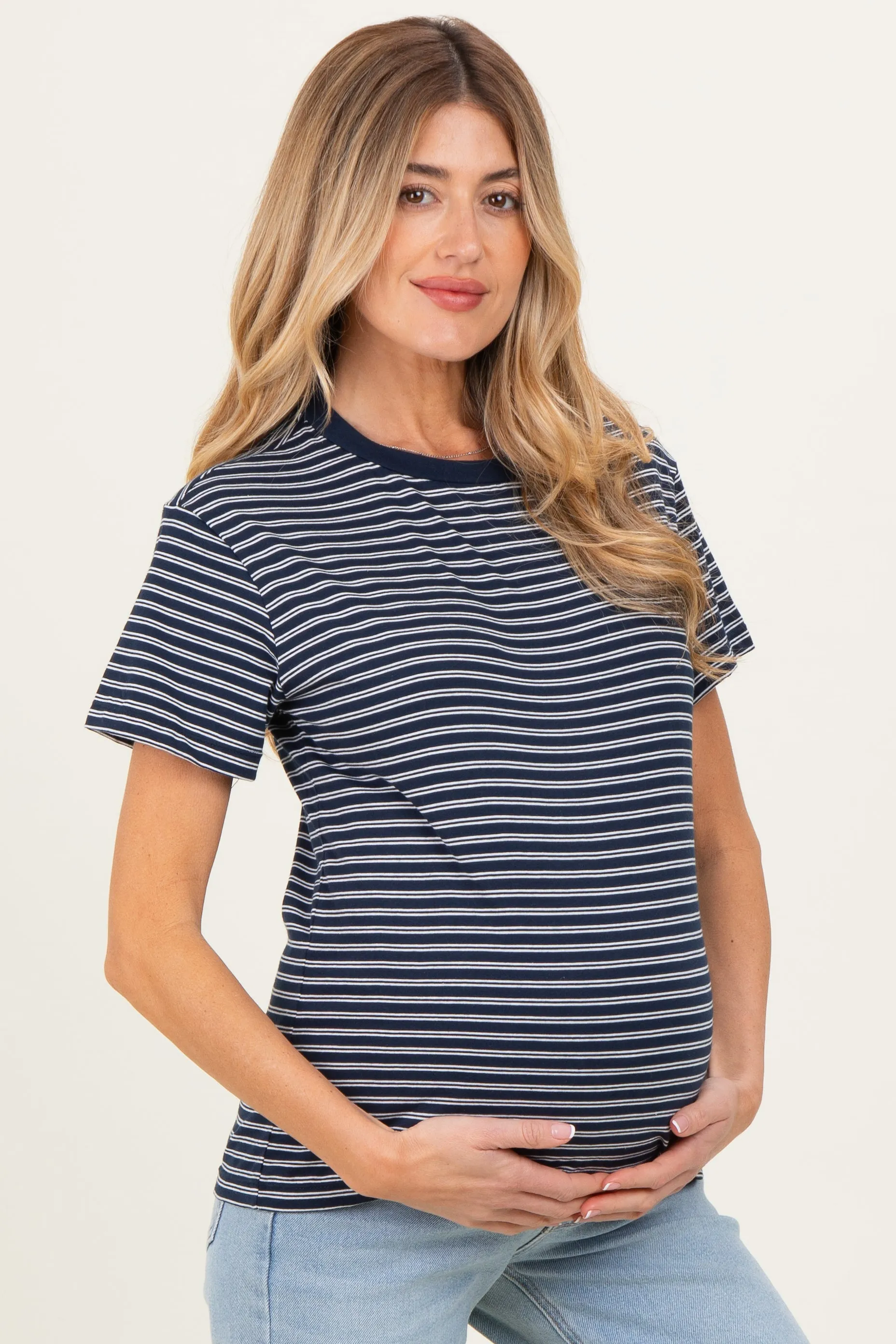 Navy/White Short Sleeve Round Neck Stripe Maternity Tee sold by Pinkblush product image thumbnail 3