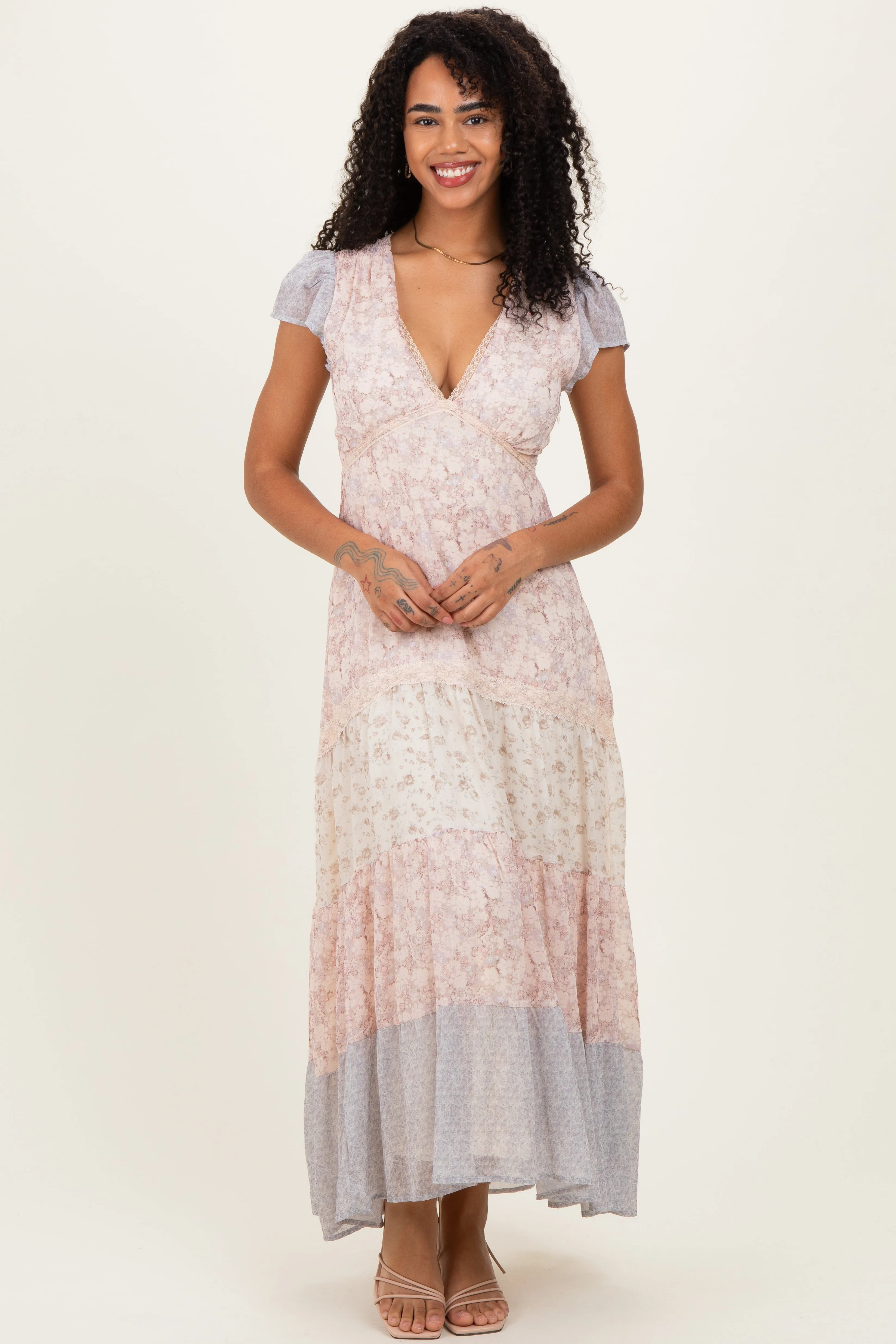 Multicolor Floral Colorblock Tiered Maternity Maxi Dress sold by Pinkblush product image thumbnail 4