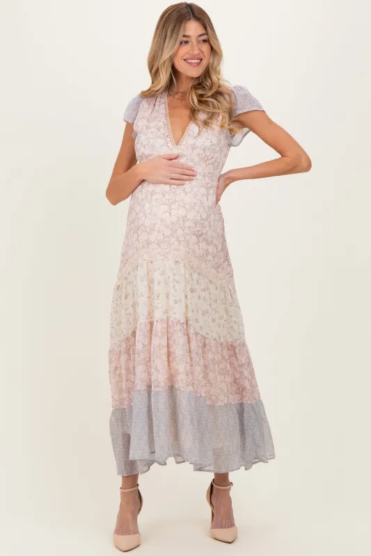 Multicolor Floral Colorblock Tiered Maternity Maxi Dress made by BaeVely