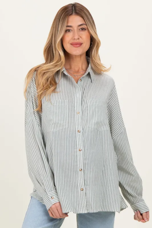 Olive Oversized Striped Button-Up Maternity Shirt sold by Pinkblush