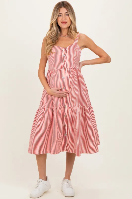 Red Striped Tiered Maternity Overall Dress made by Polagram
