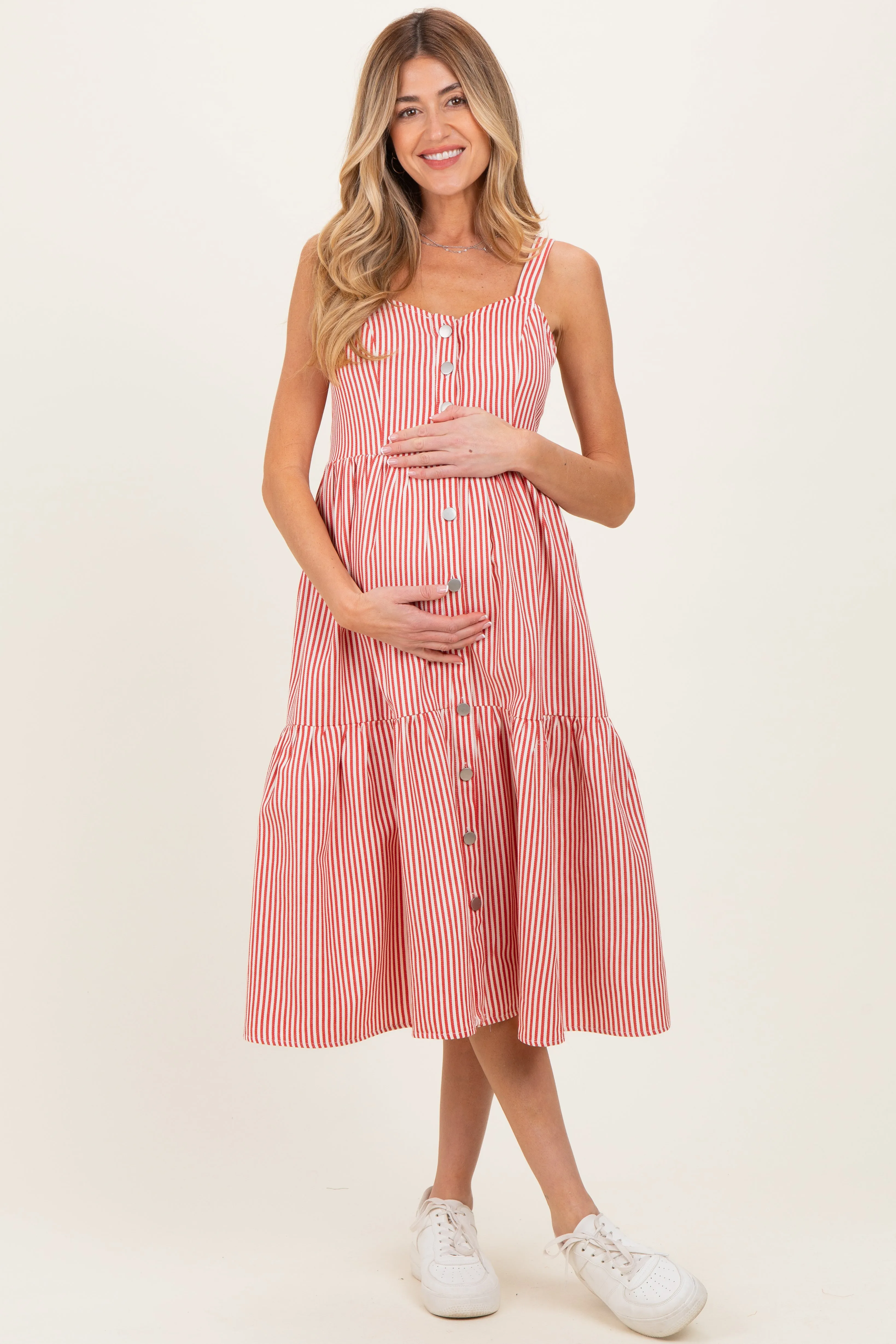 Red Striped Tiered Maternity Overall Dress sold by Pinkblush product image thumbnail 2
