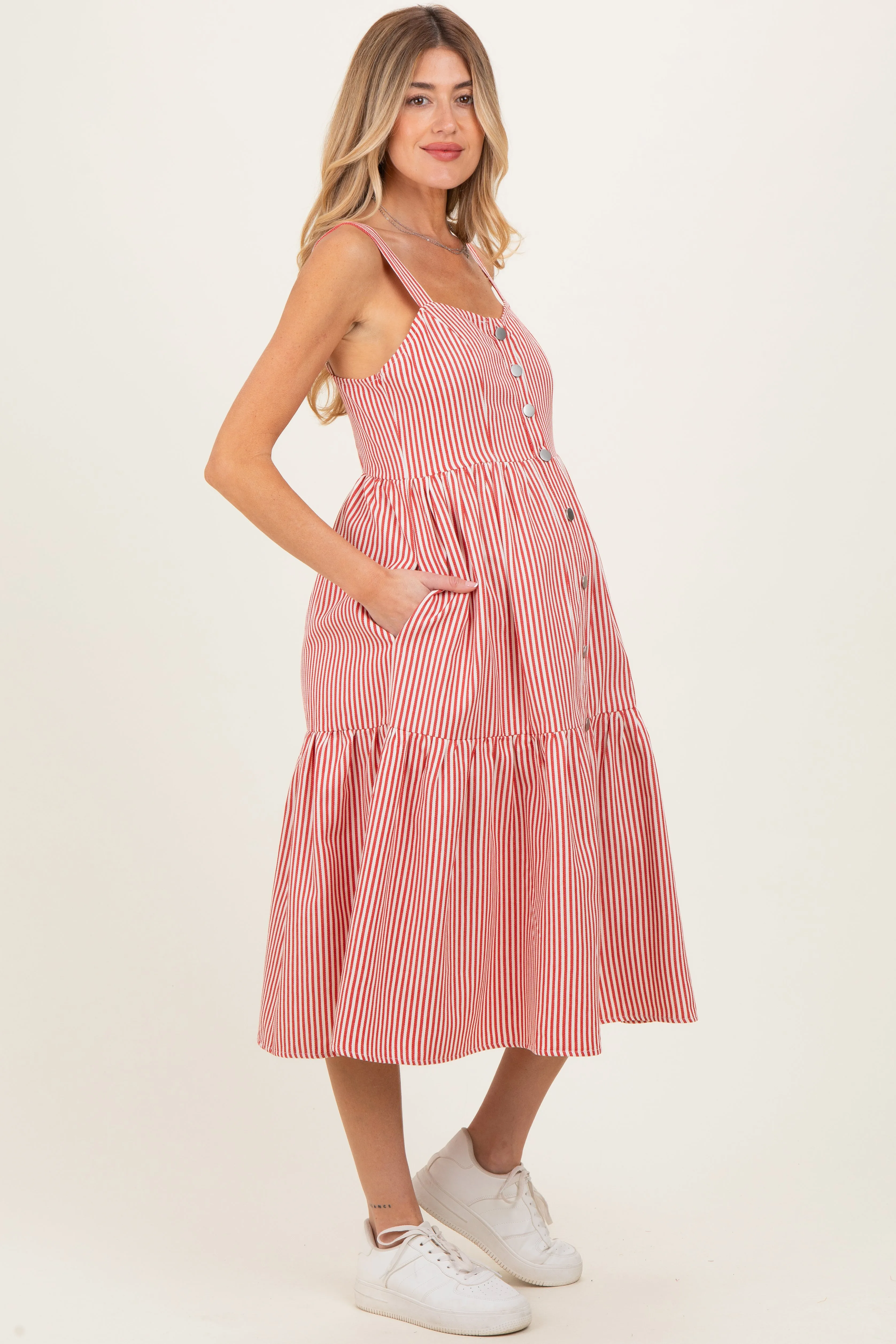 Red Striped Tiered Maternity Overall Dress sold by Pinkblush product image thumbnail 3