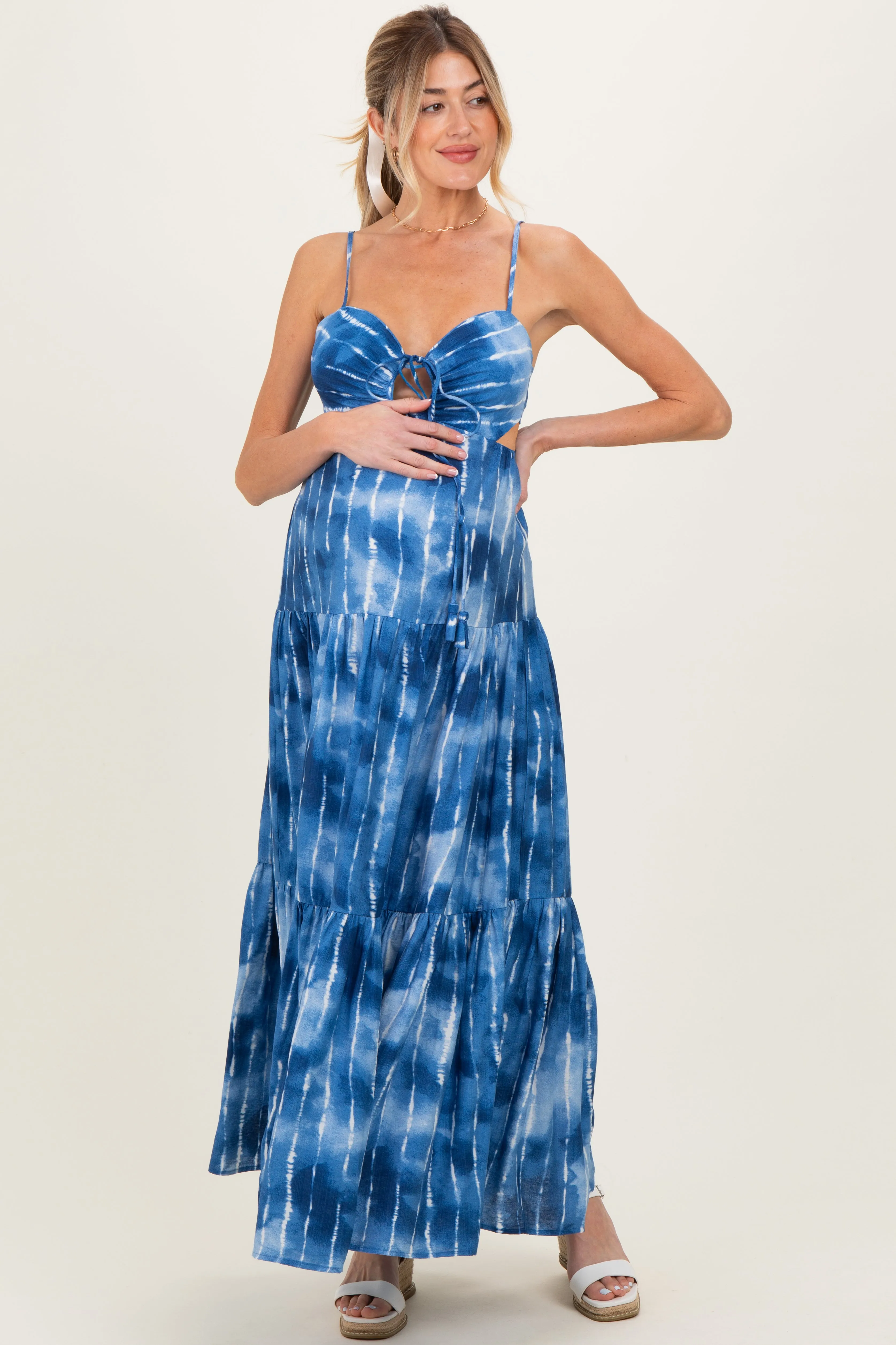 Blue Tie Dye Cutout Tie Back Maternity Maxi Dress sold by Pinkblush