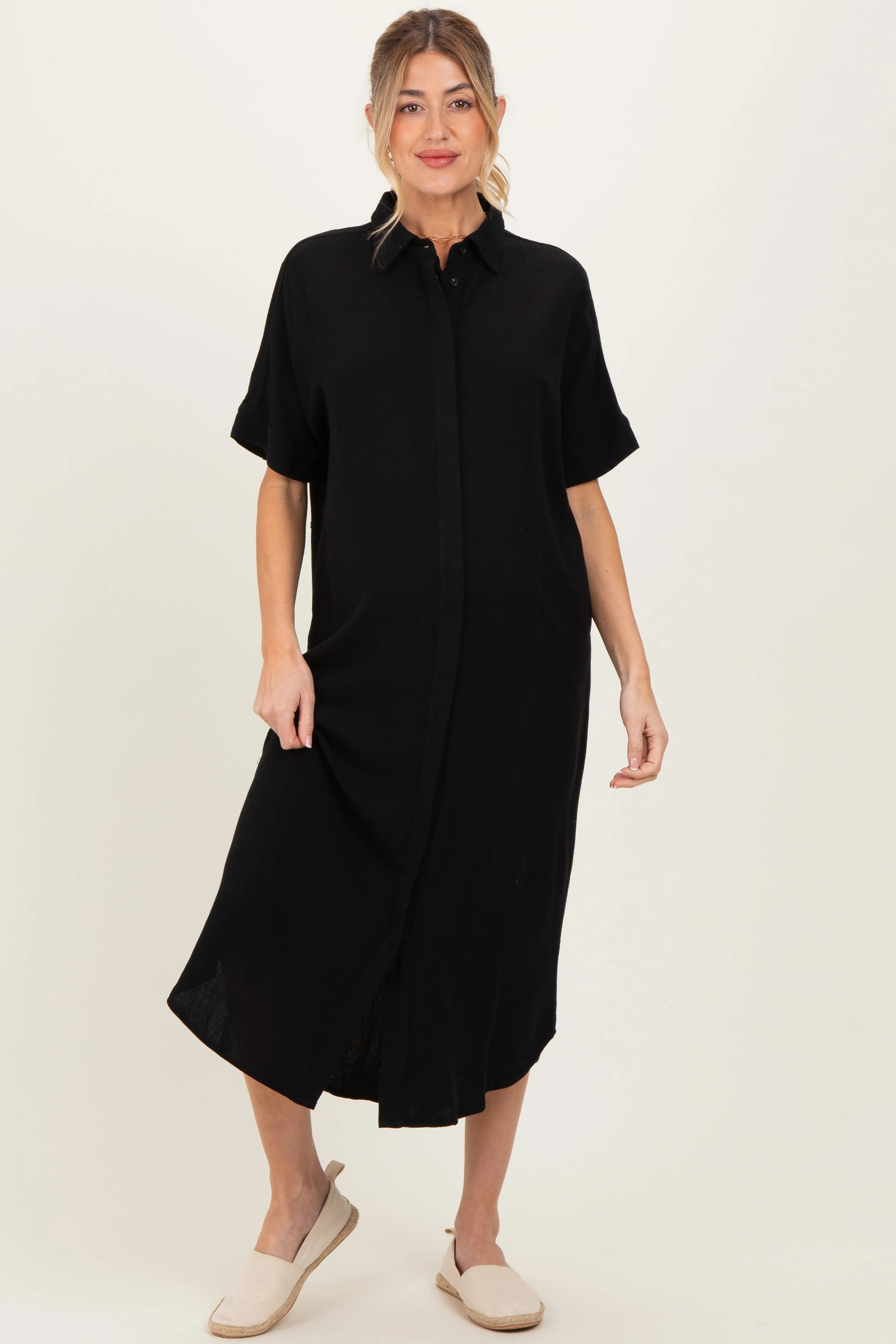Black Button Down Maternity Midi Shirt Dress sold by Pinkblush