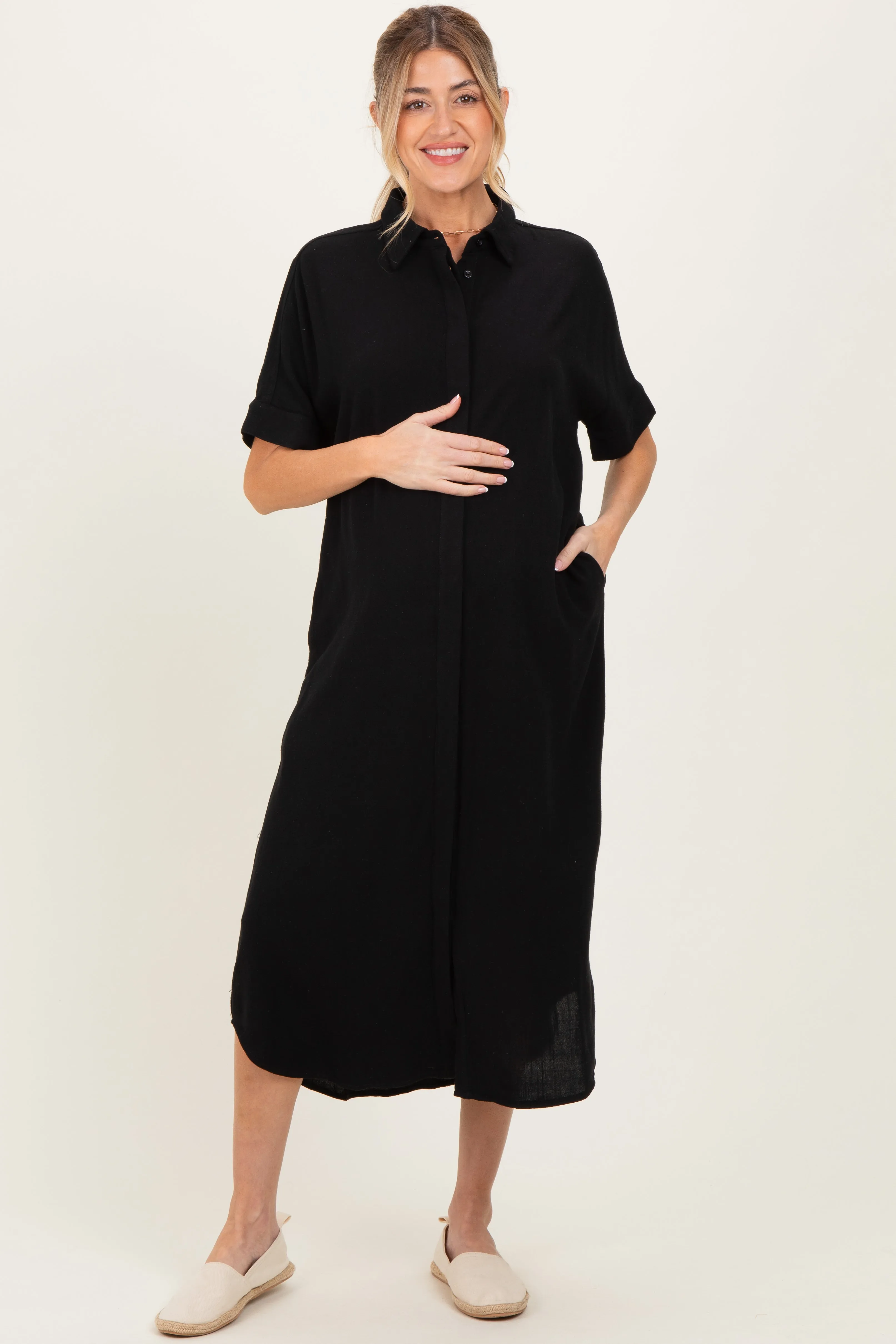 Black Button Down Maternity Midi Shirt Dress sold by Pinkblush product image thumbnail 2