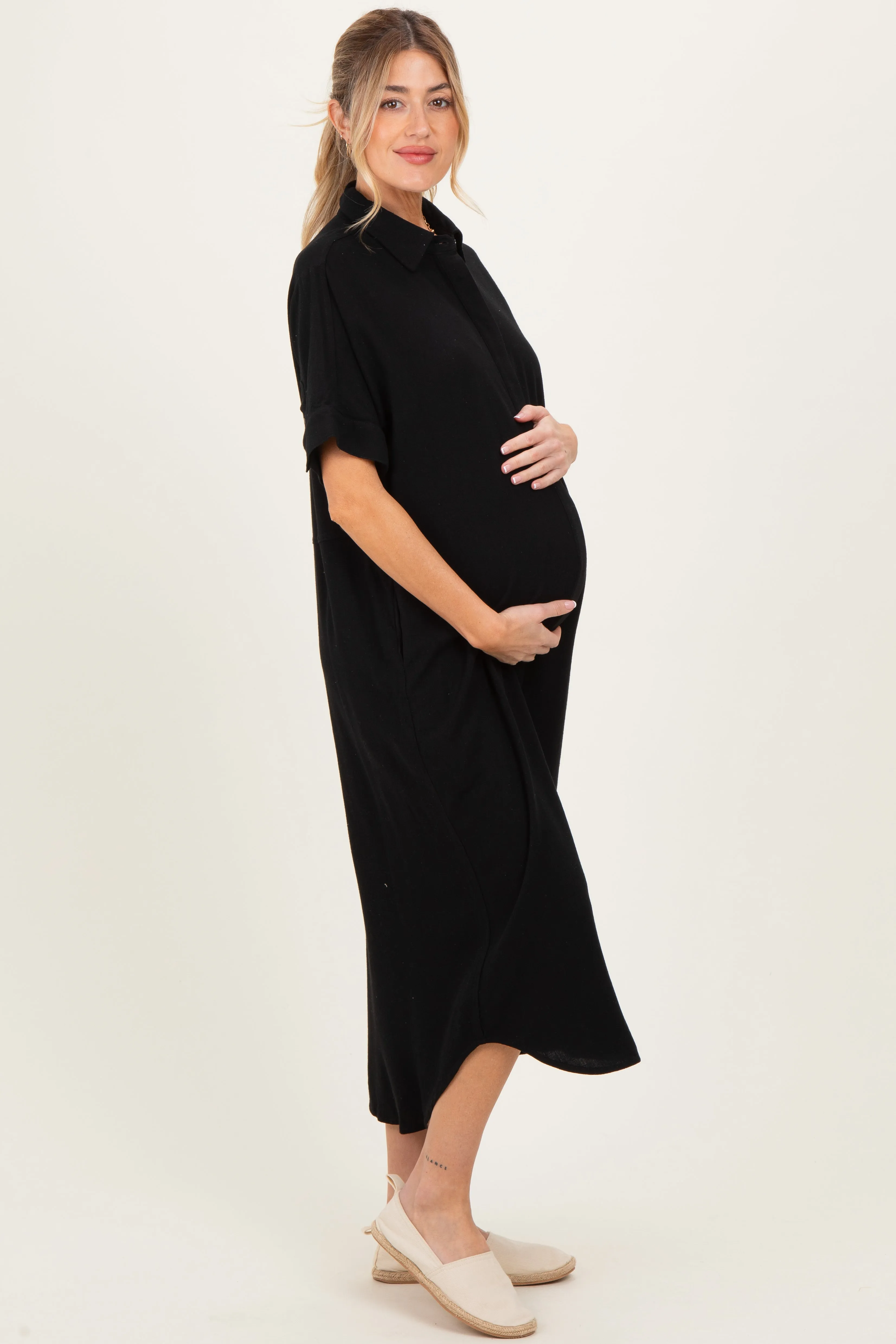 Black Button Down Maternity Midi Shirt Dress sold by Pinkblush product image thumbnail 3