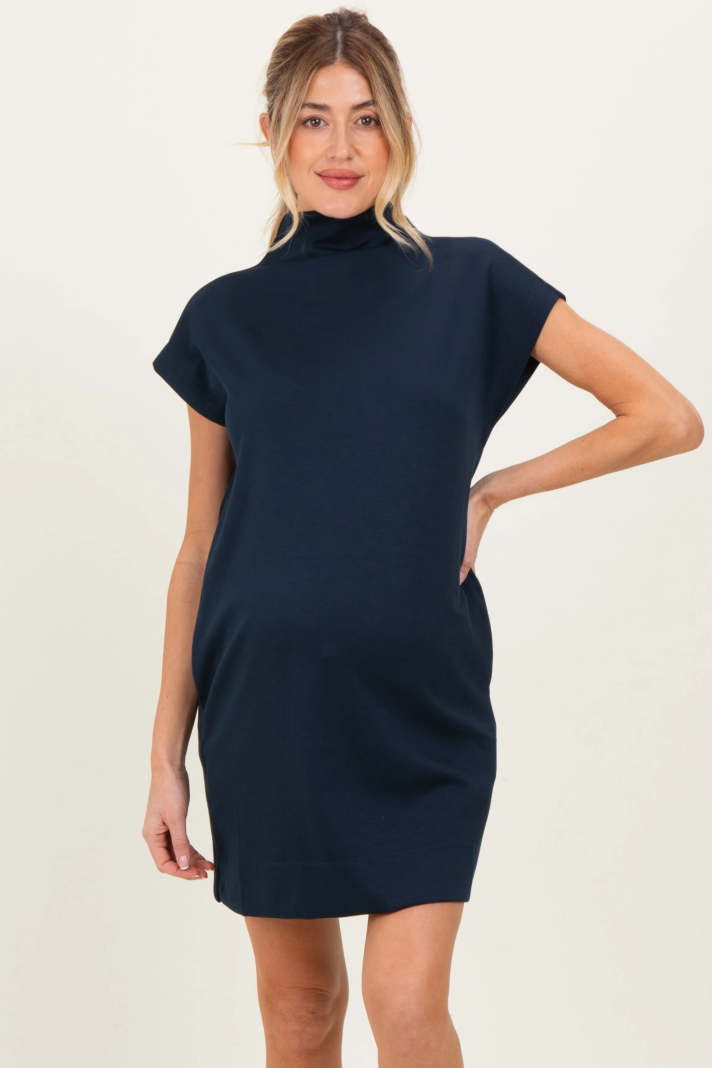 Navy Mock Neck Maternity Mini Dress sold by Pinkblush