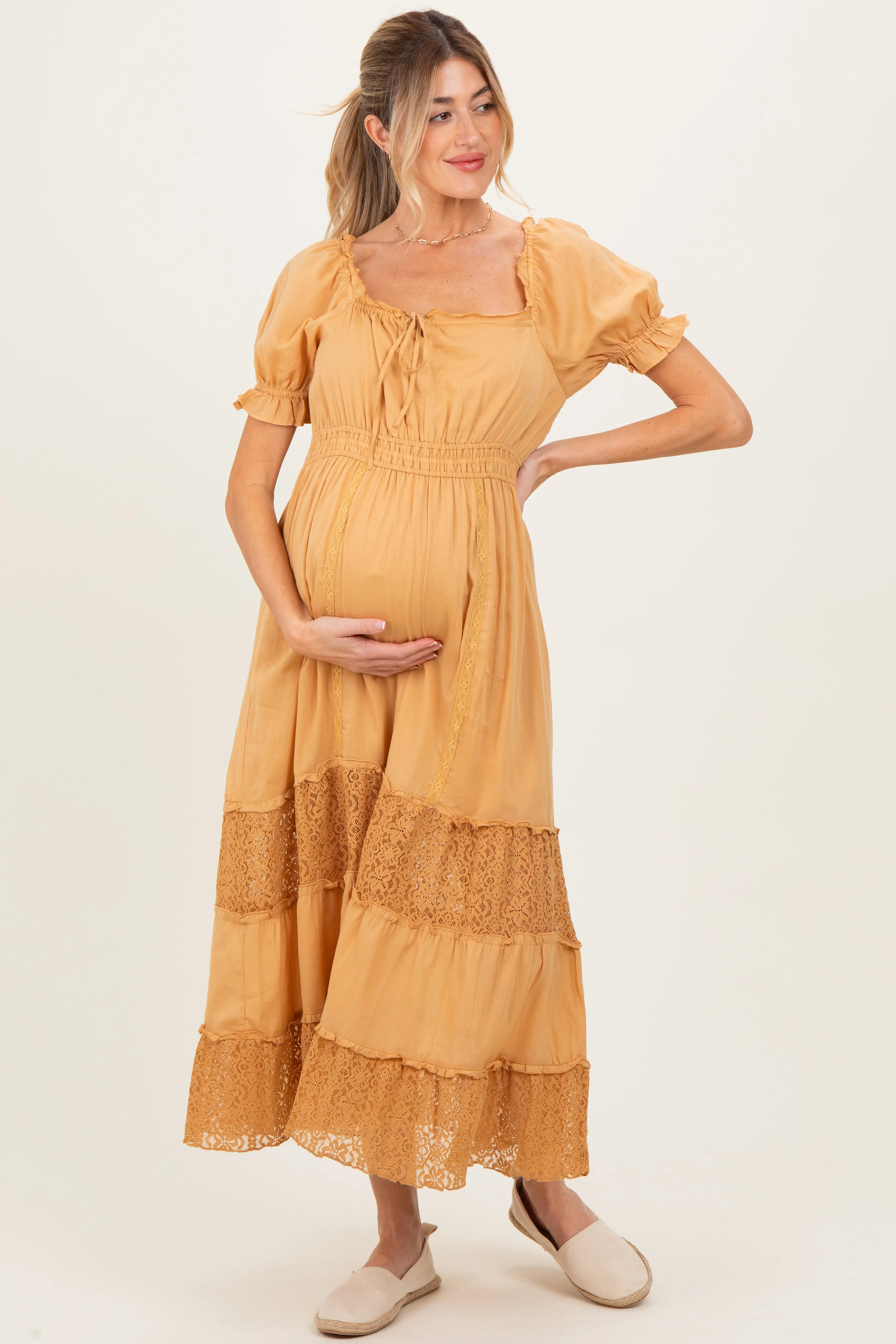 Gold Lace Contrast Paneled Maternity Maxi Dress sold by Pinkblush product image thumbnail 2