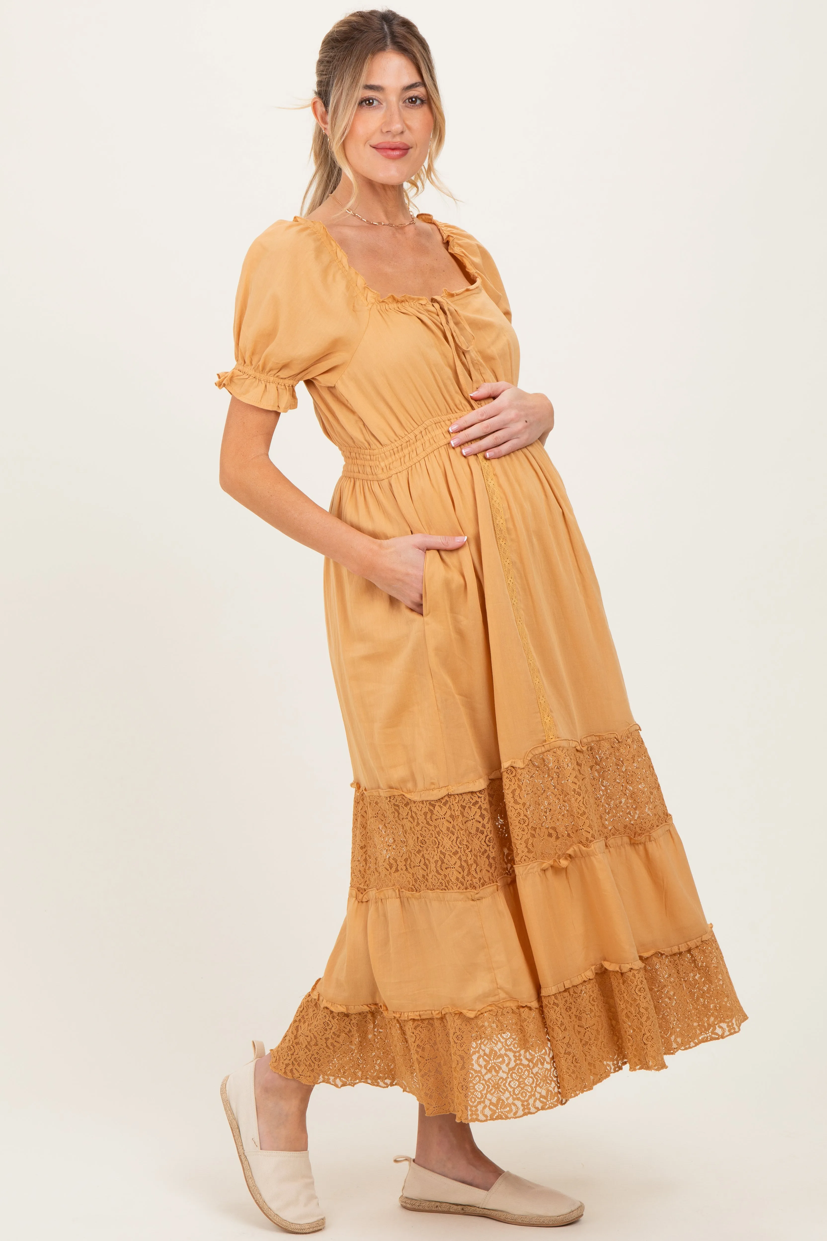 Gold Lace Contrast Paneled Maternity Maxi Dress sold by Pinkblush product image thumbnail 3