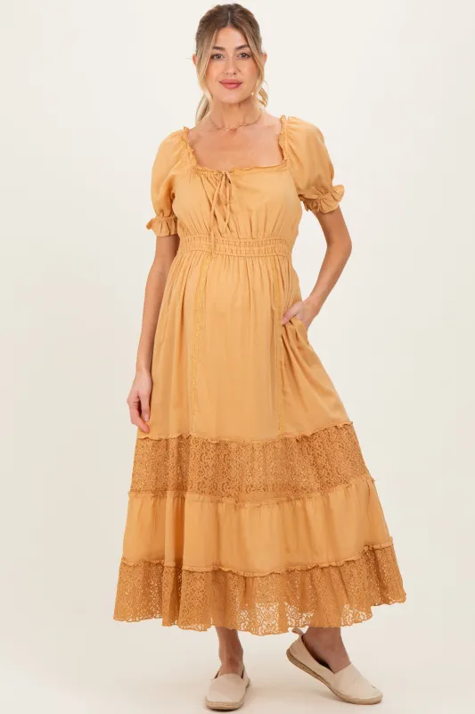 Gold Lace Contrast Paneled Maternity Maxi Dress sold by Pinkblush