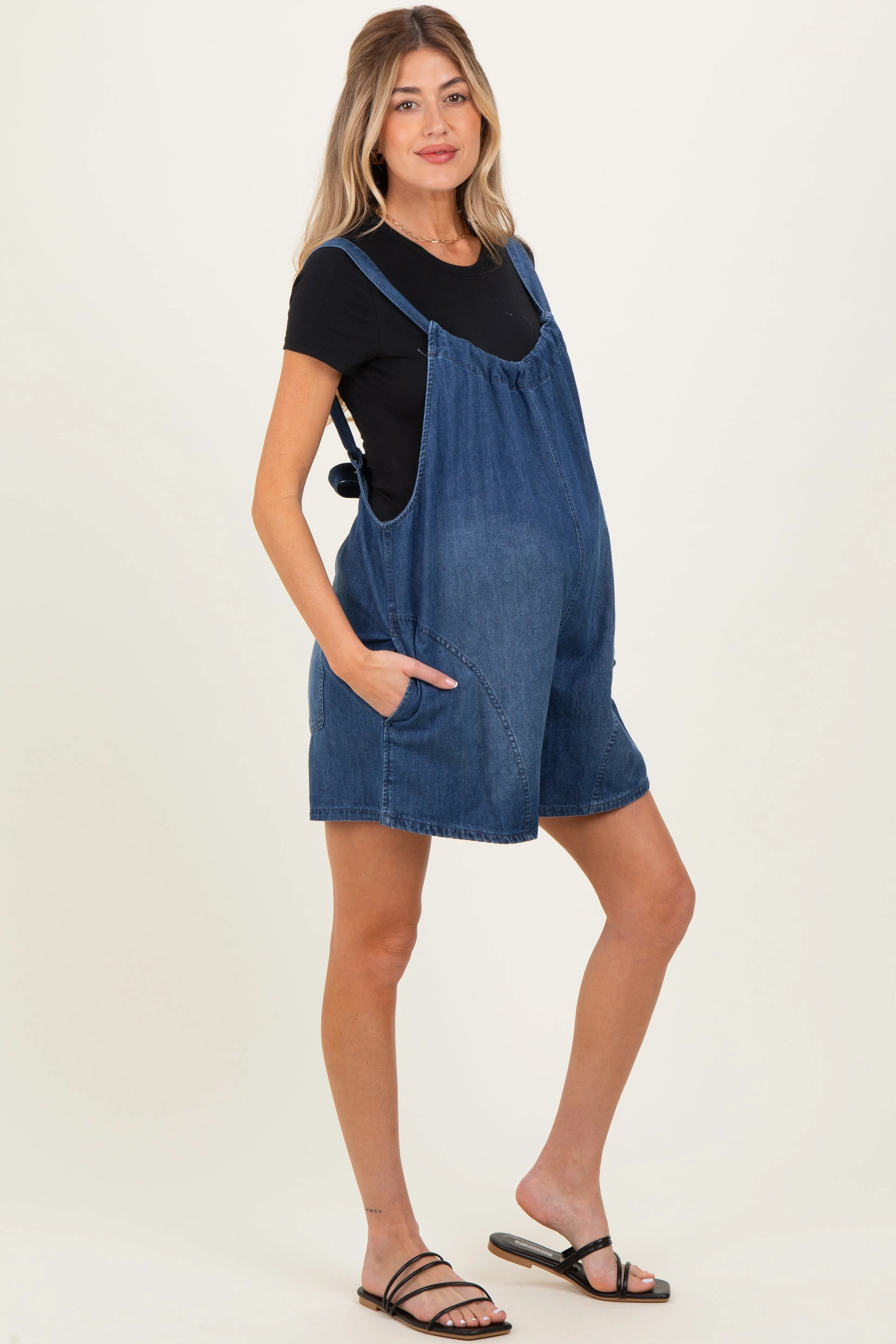 Navy Low Tie Back Maternity Denim Shortall sold by Pinkblush
