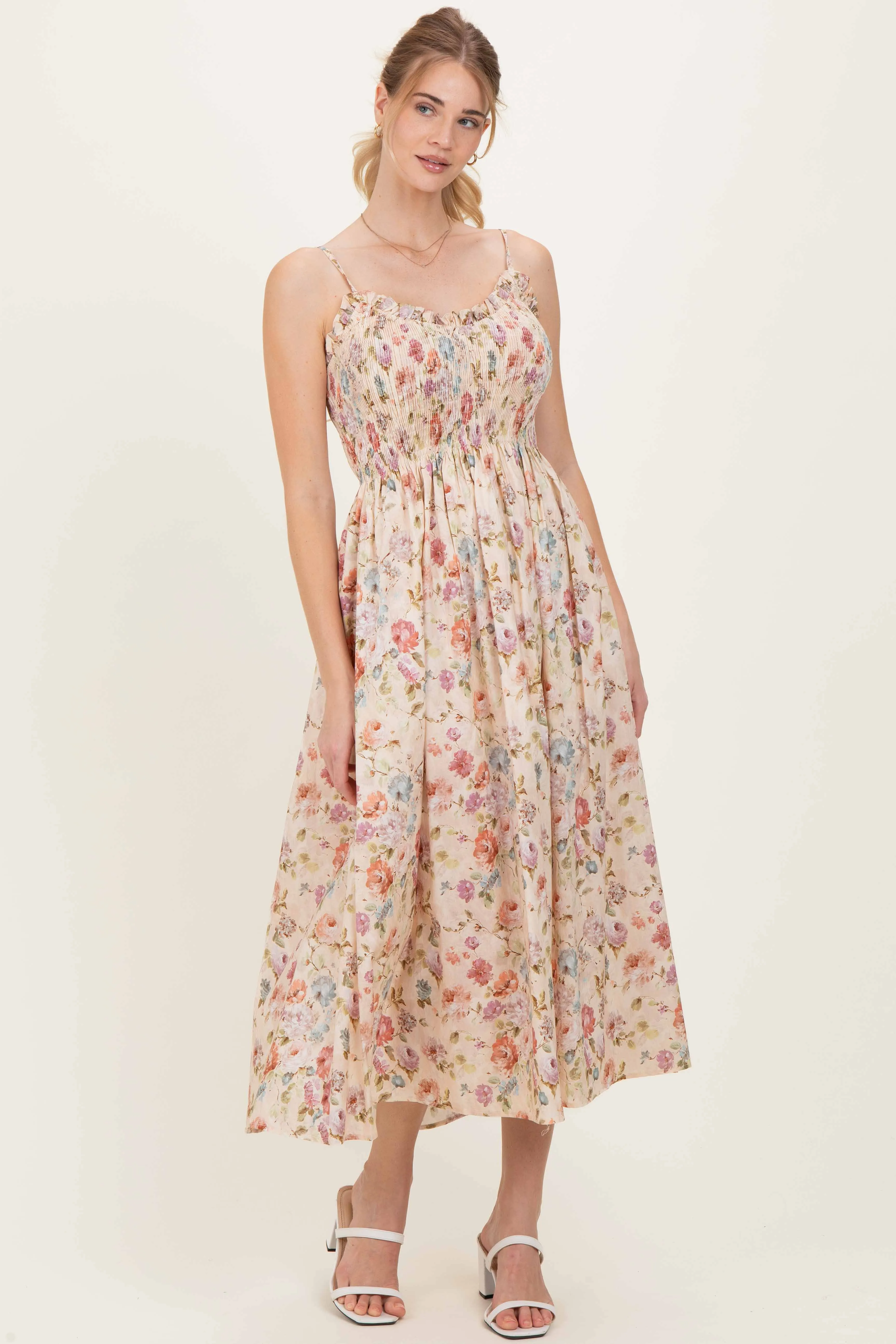 Cream Floral Smocked Ruffle Detail Midi Dress sold by Pinkblush