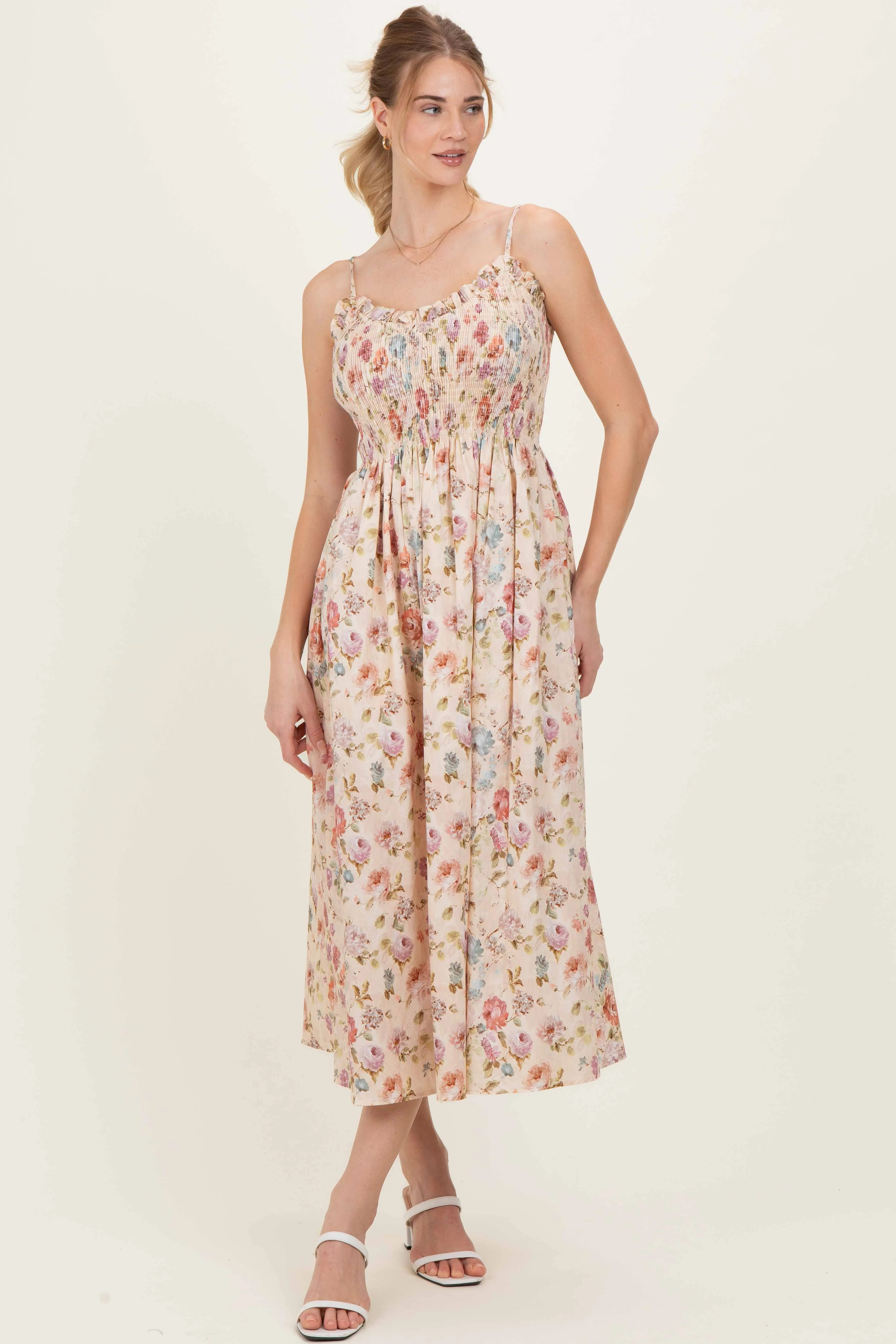 Cream Floral Smocked Ruffle Detail Midi Dress sold by Pinkblush product image thumbnail 2