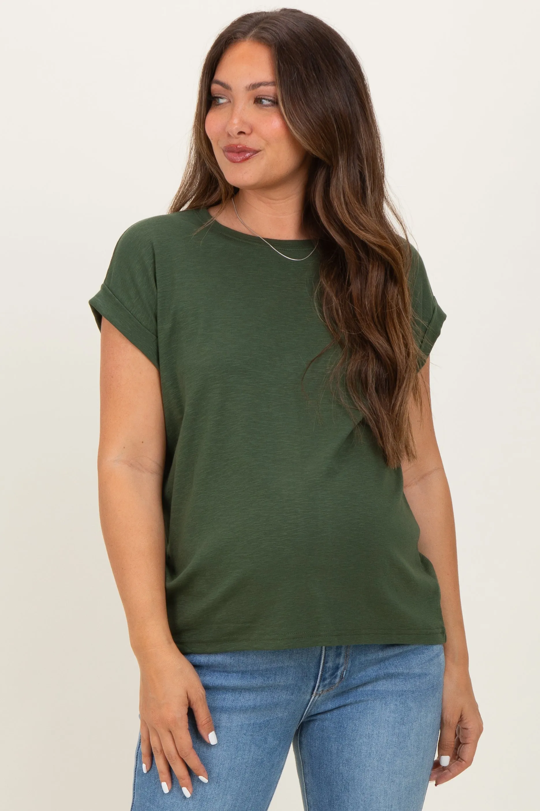 Army Green Rolled Short Sleeve Maternity Tee sold by Pinkblush
