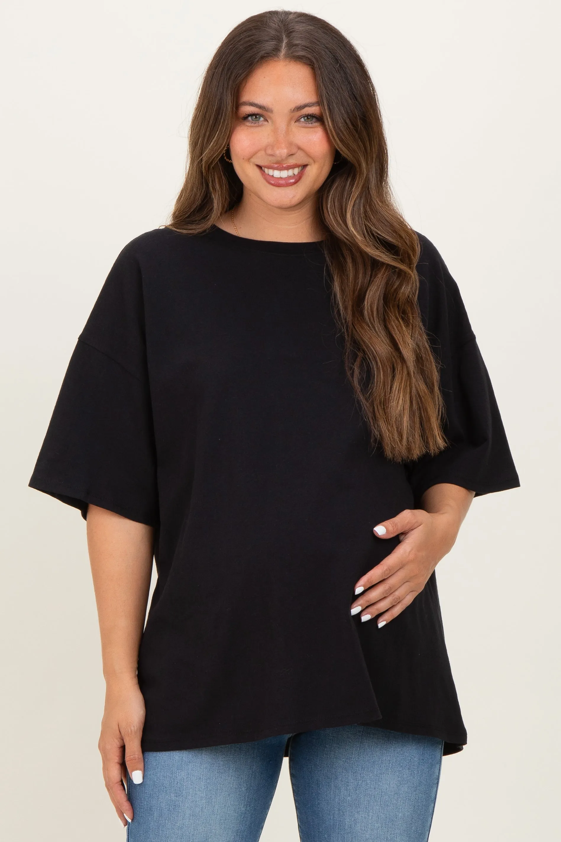 Black Cotton Oversized Maternity Tee sold by Pinkblush product image thumbnail 2