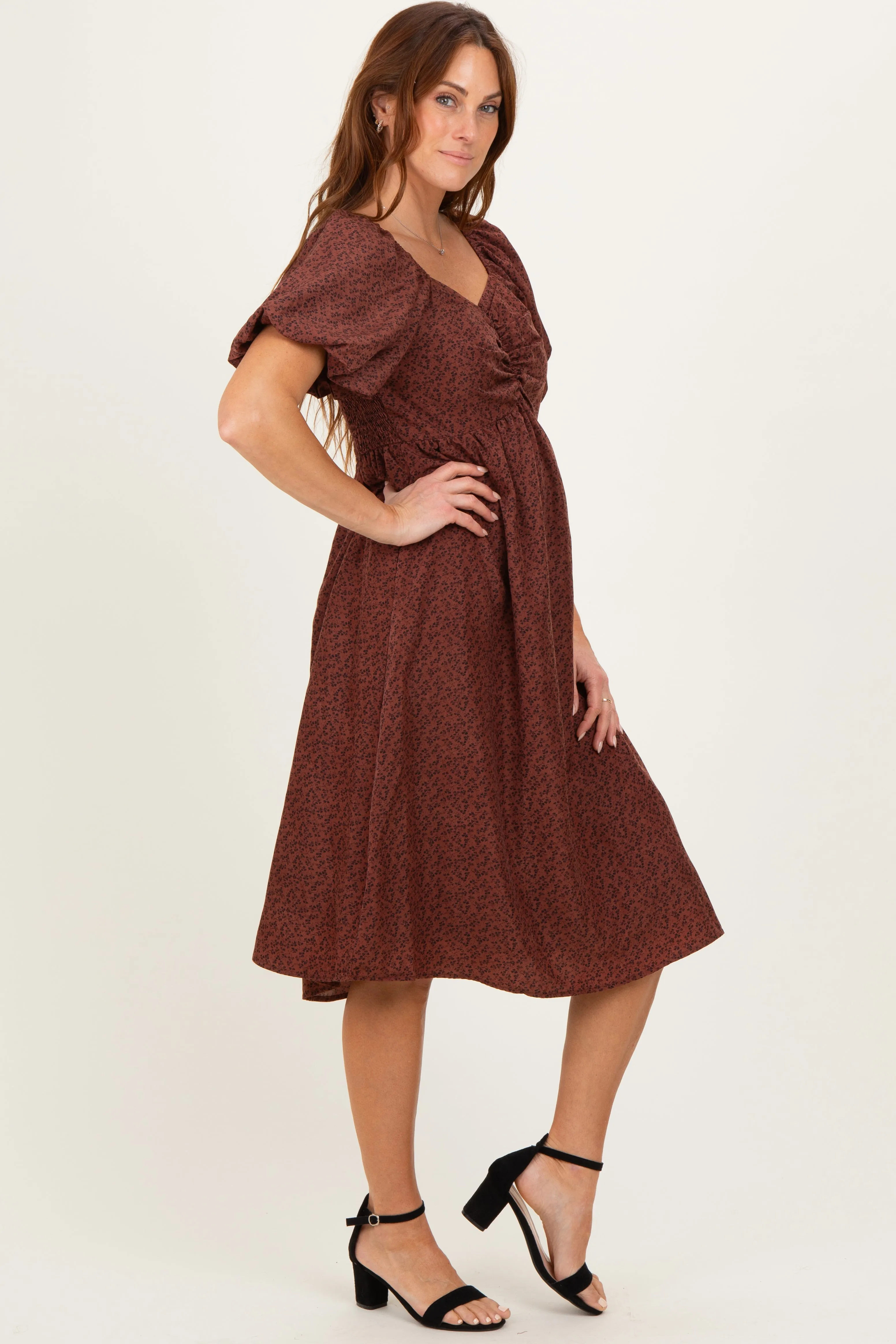 Brown Ruched Sweetheart Neck Dress sold by Pinkblush product image thumbnail 3