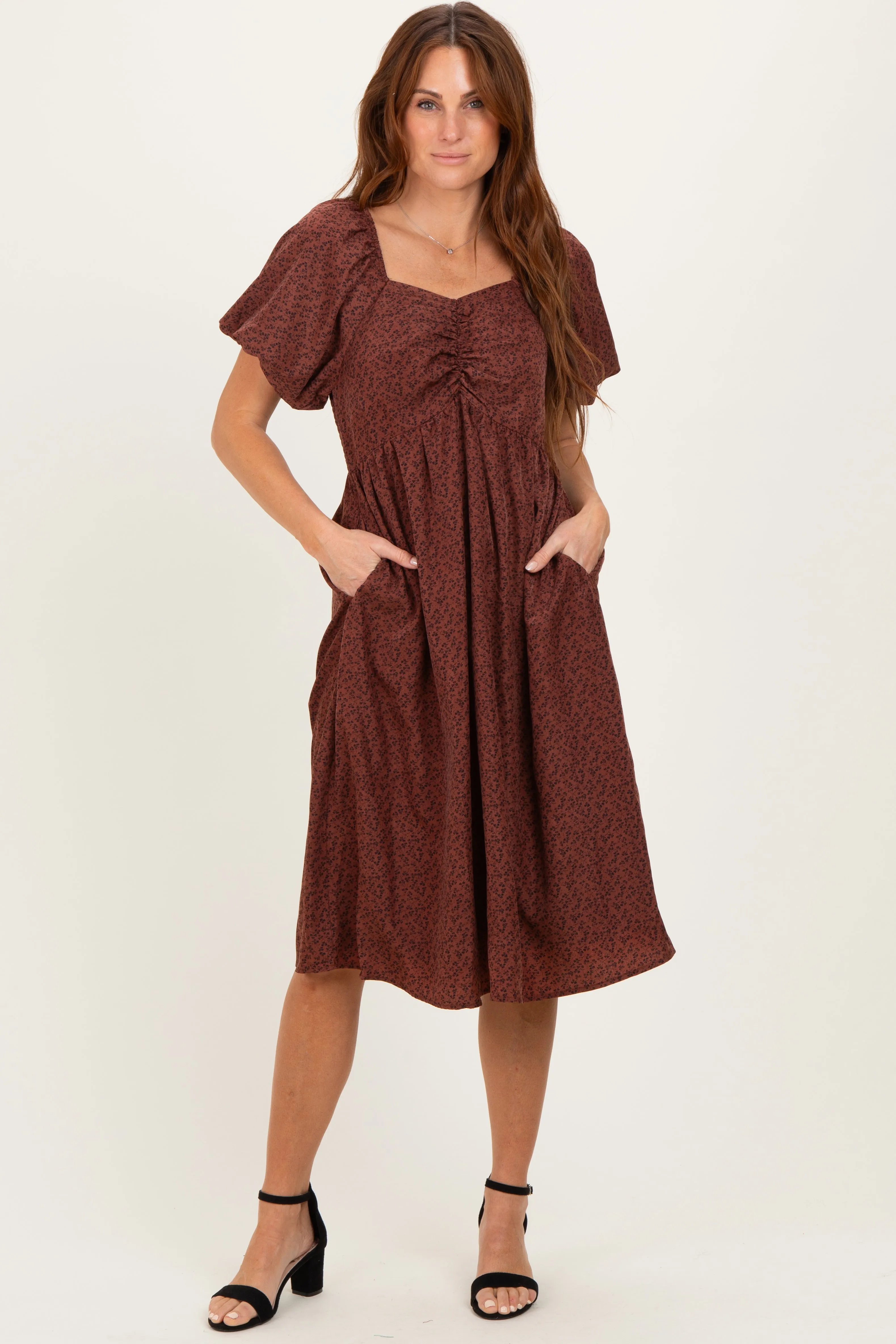 Brown Ruched Sweetheart Neck Dress sold by Pinkblush