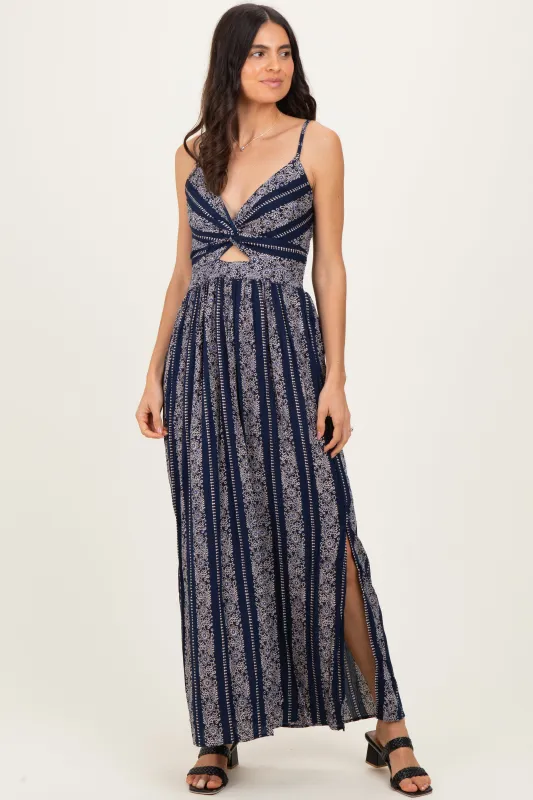 Navy Floral Stripe Twisted Front Maxi Dress made by Angie