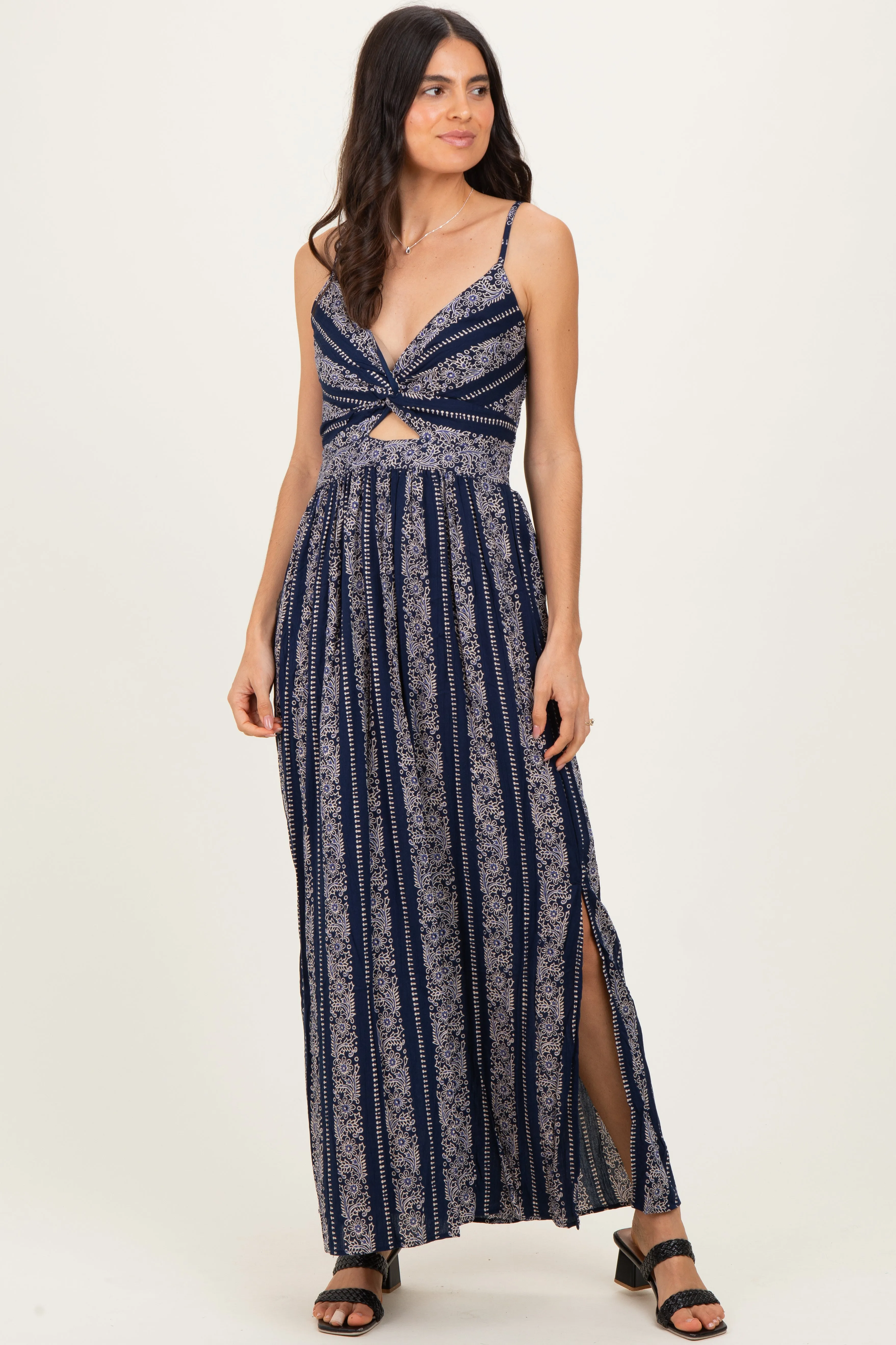 Navy Floral Stripe Twisted Front Maxi Dress sold by Pinkblush