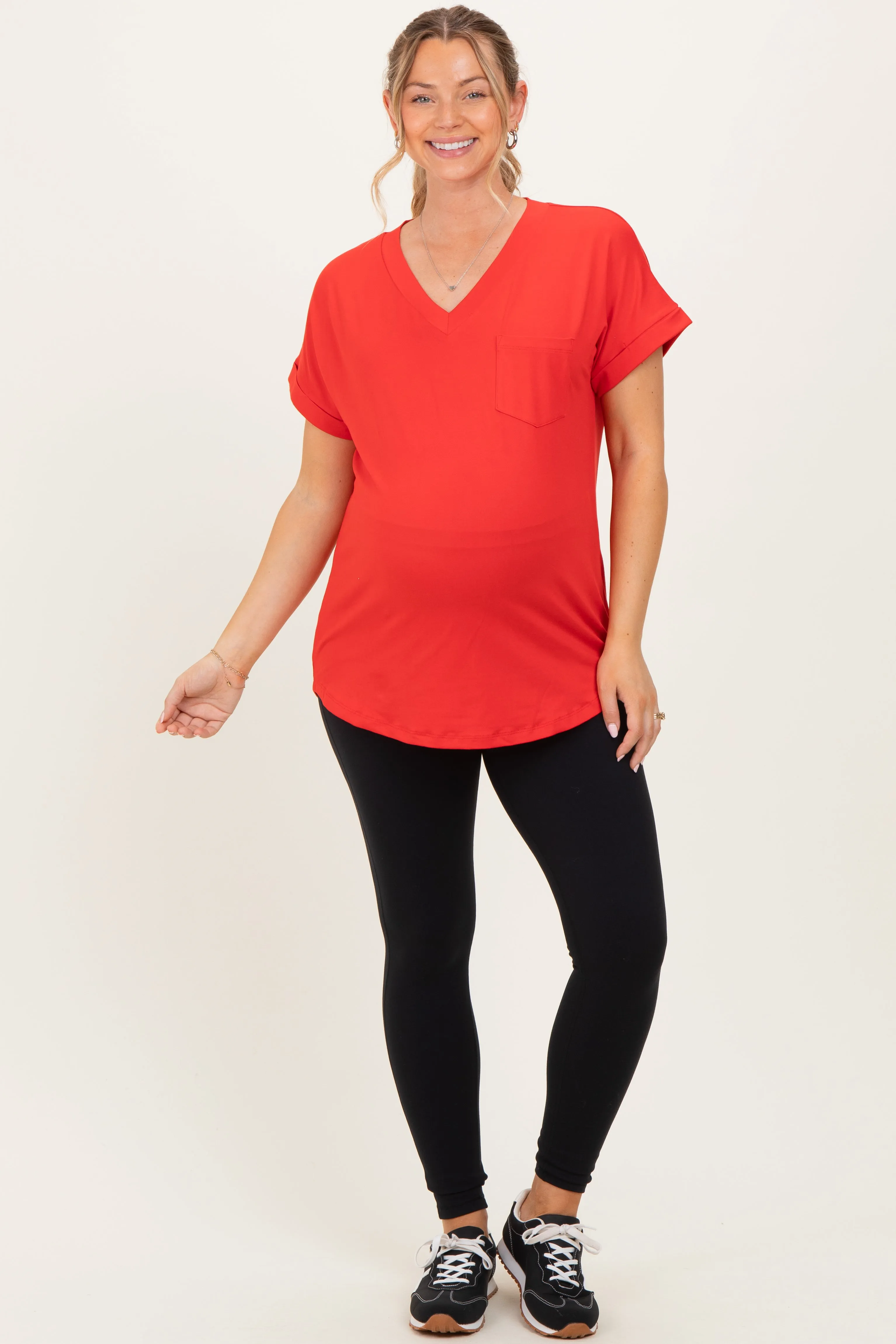 Red V-Neck Pocket Short Sleeve Maternity Shirt sold by Pinkblush product image thumbnail 2