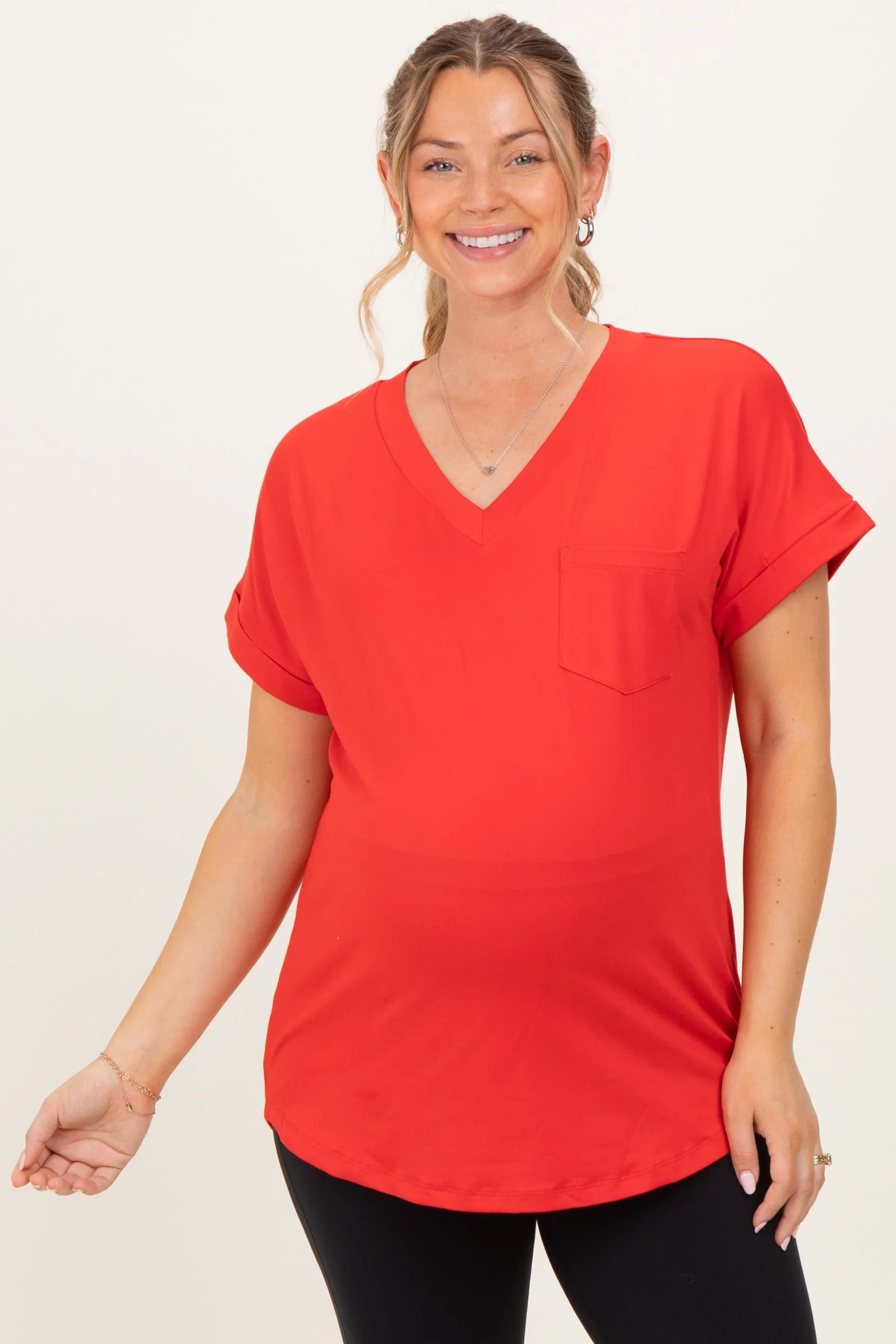Red V-Neck Pocket Short Sleeve Maternity Shirt sold by Pinkblush