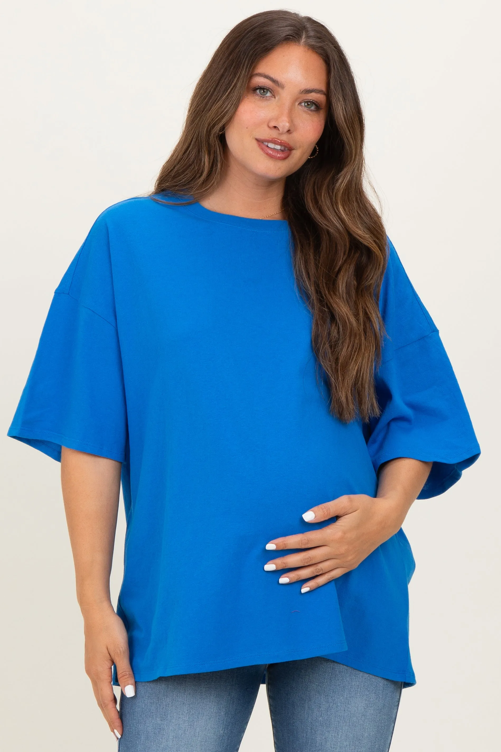 Ocean Blue Cotton Oversized Maternity Tee sold by Pinkblush