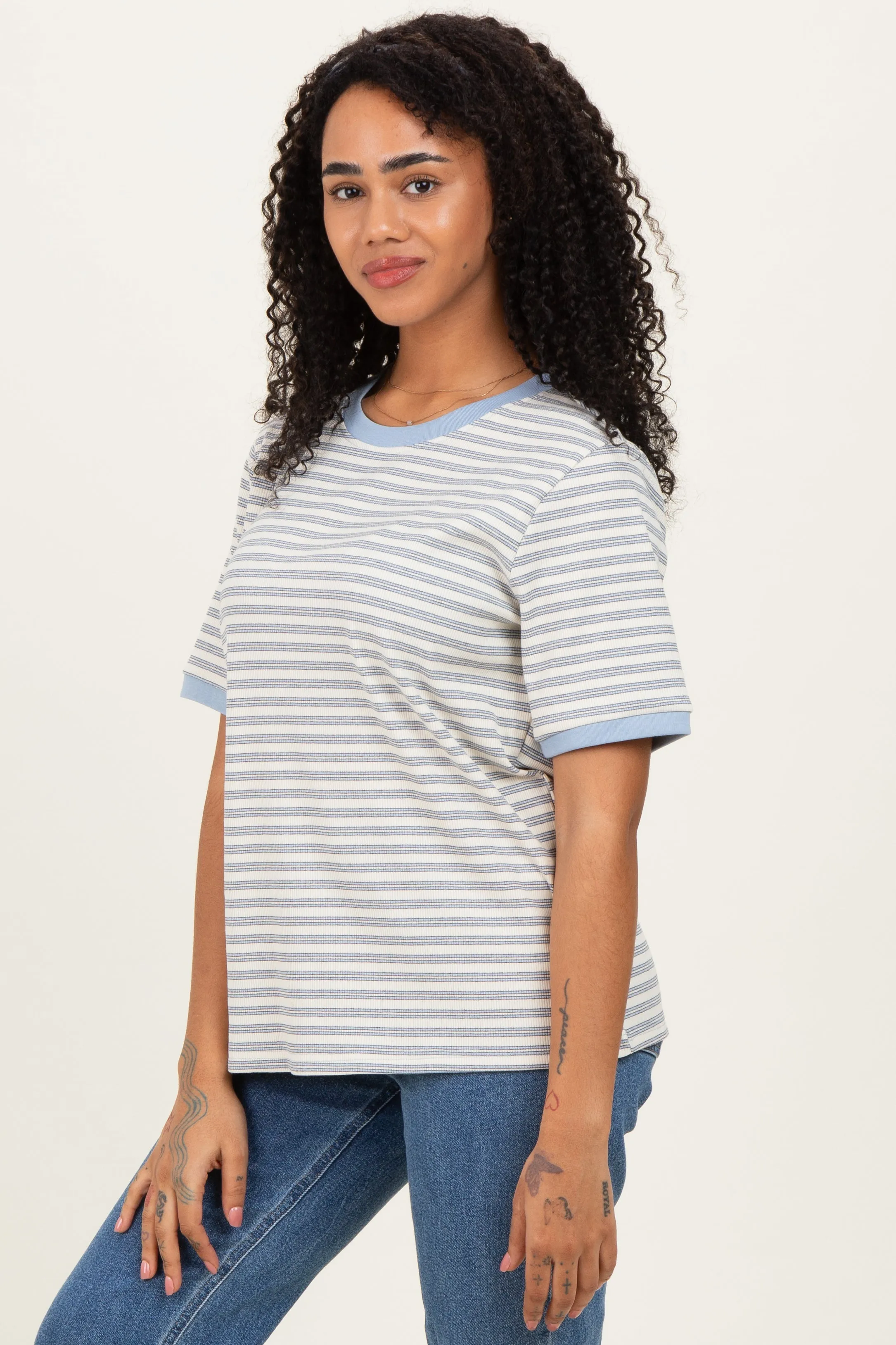 Light Blue Striped Short Sleeve T-Shirt sold by Pinkblush product image thumbnail 3