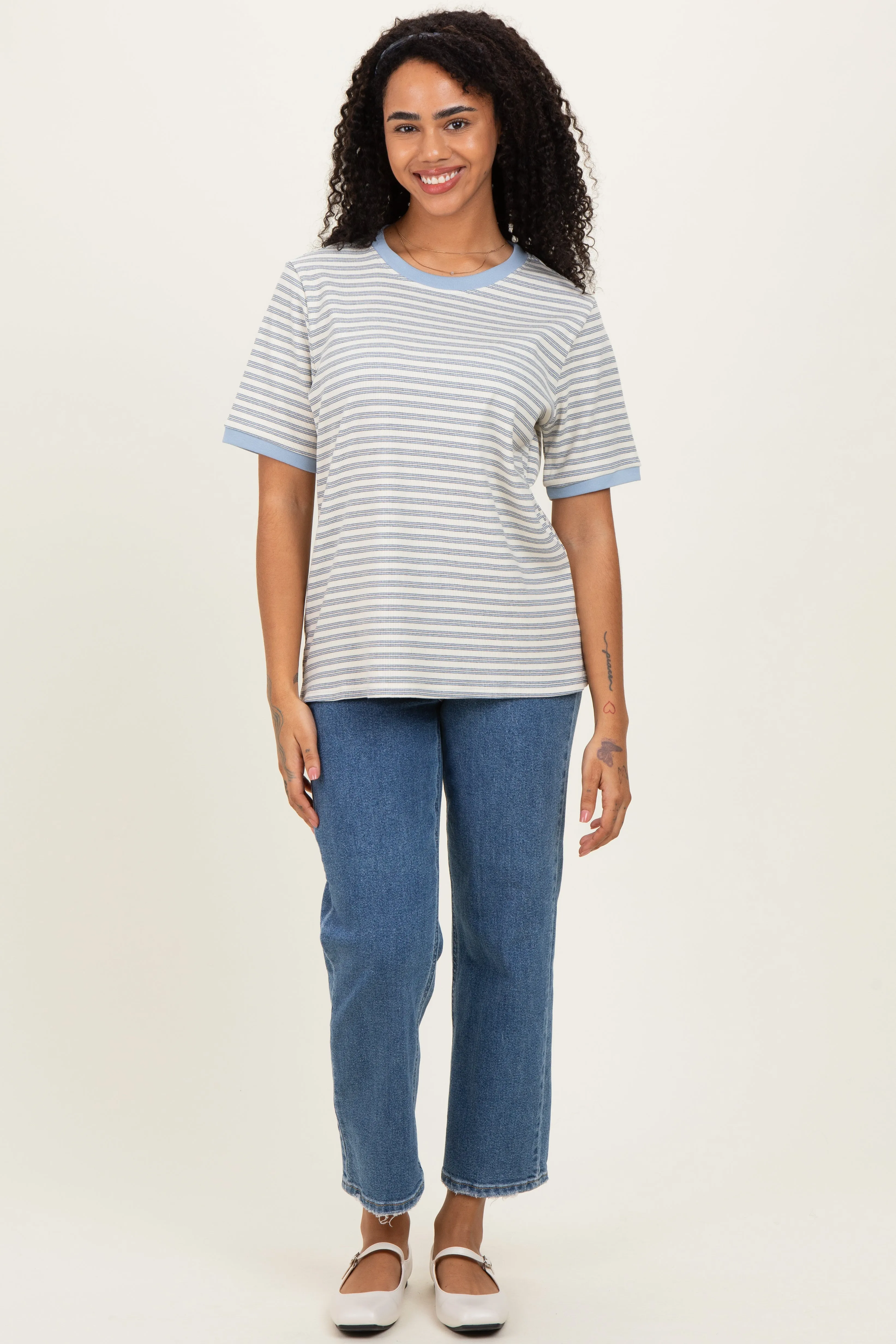 Light Blue Striped Short Sleeve T-Shirt sold by Pinkblush product image thumbnail 2