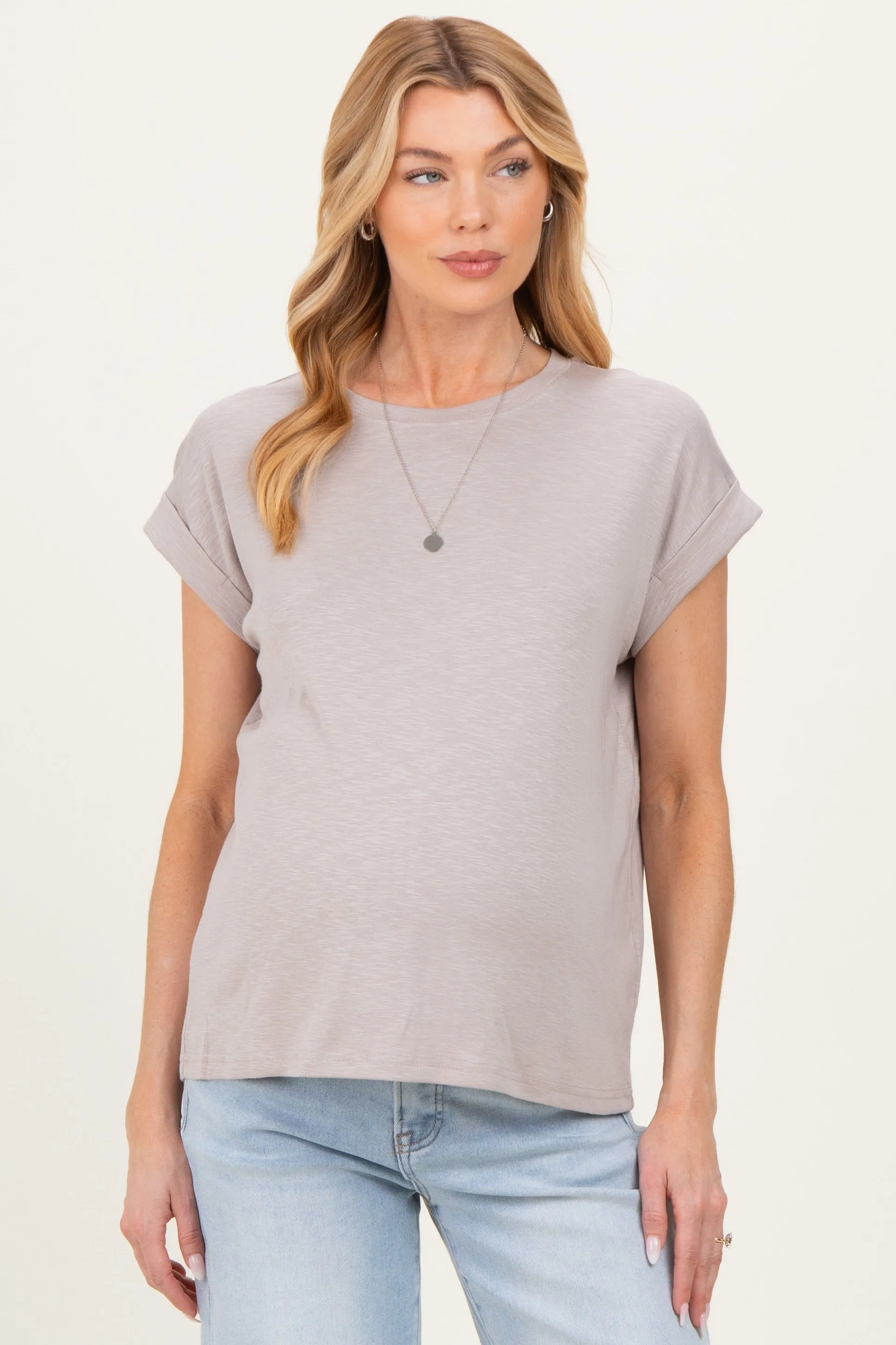 Ash Mocha Rolled Short Sleeve Maternity Tee sold by Pinkblush