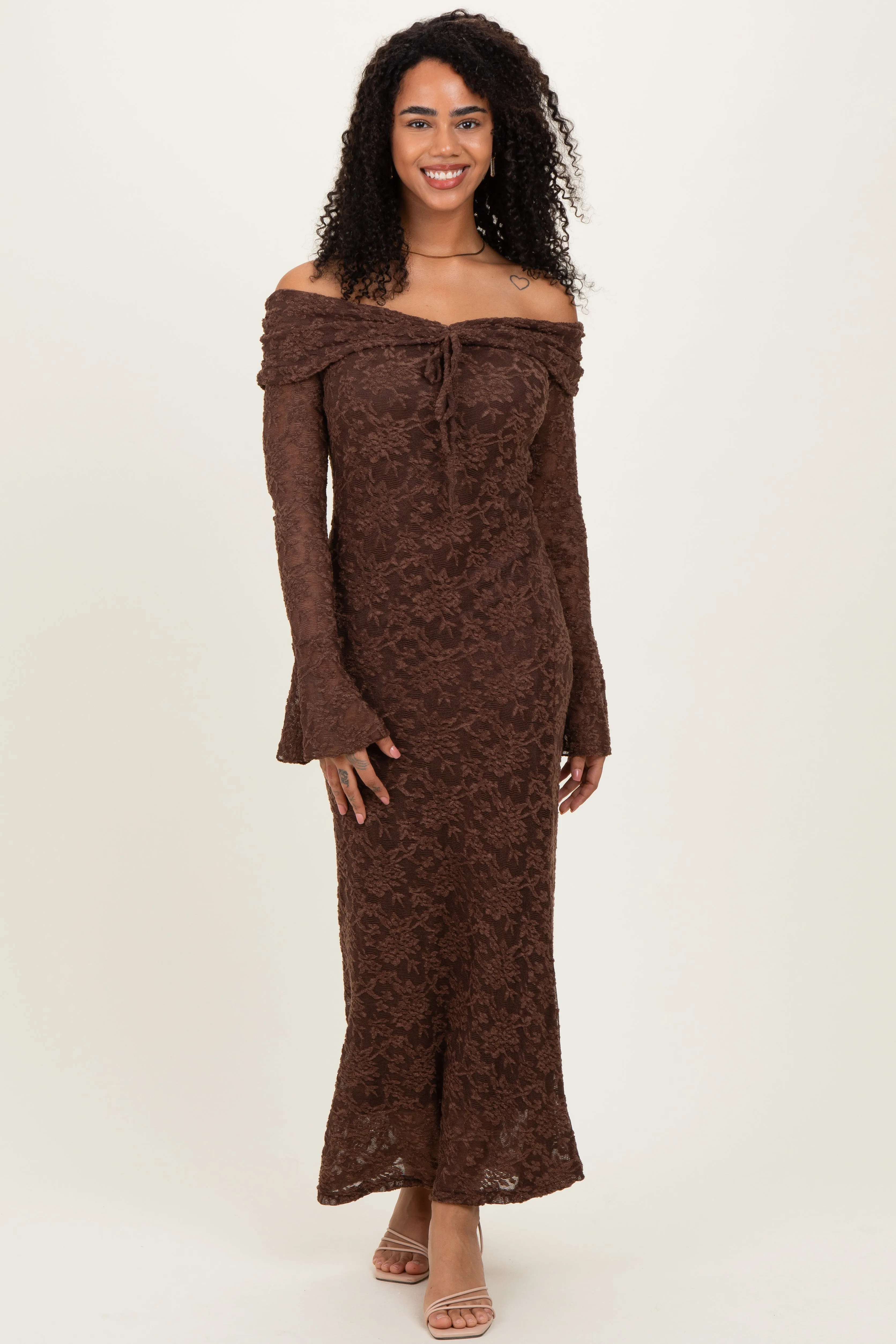 Chocolate Lace Off Shoulder Maxi Dress sold by Pinkblush product image thumbnail 2