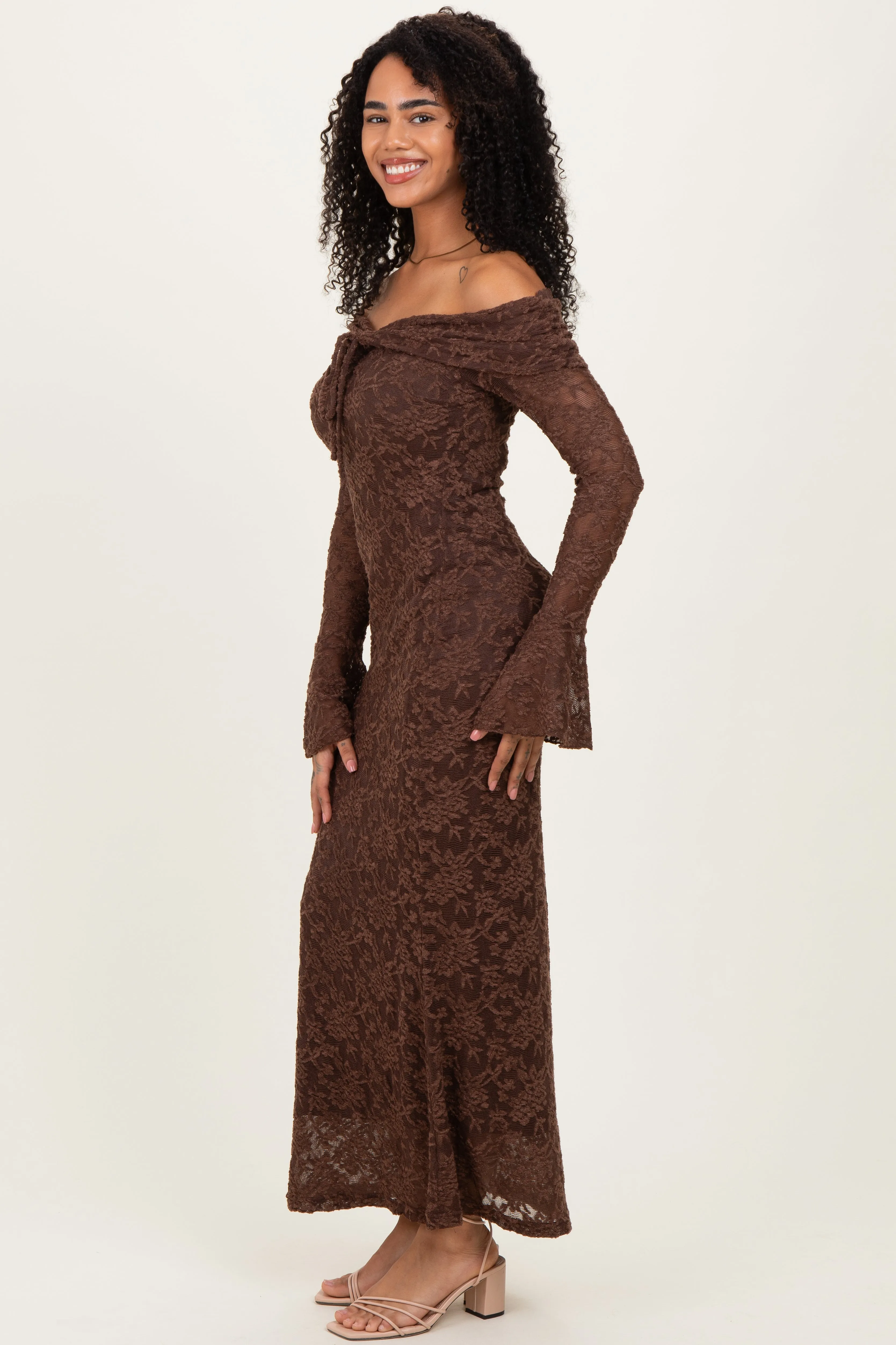 Chocolate Lace Off Shoulder Maxi Dress sold by Pinkblush product image thumbnail 3