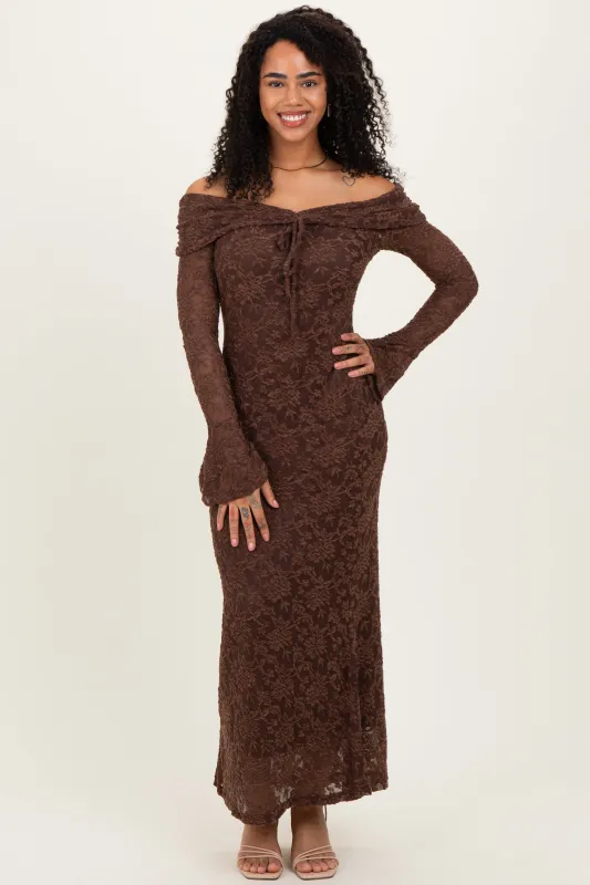 Chocolate Lace Off Shoulder Maxi Dress sold by Pinkblush