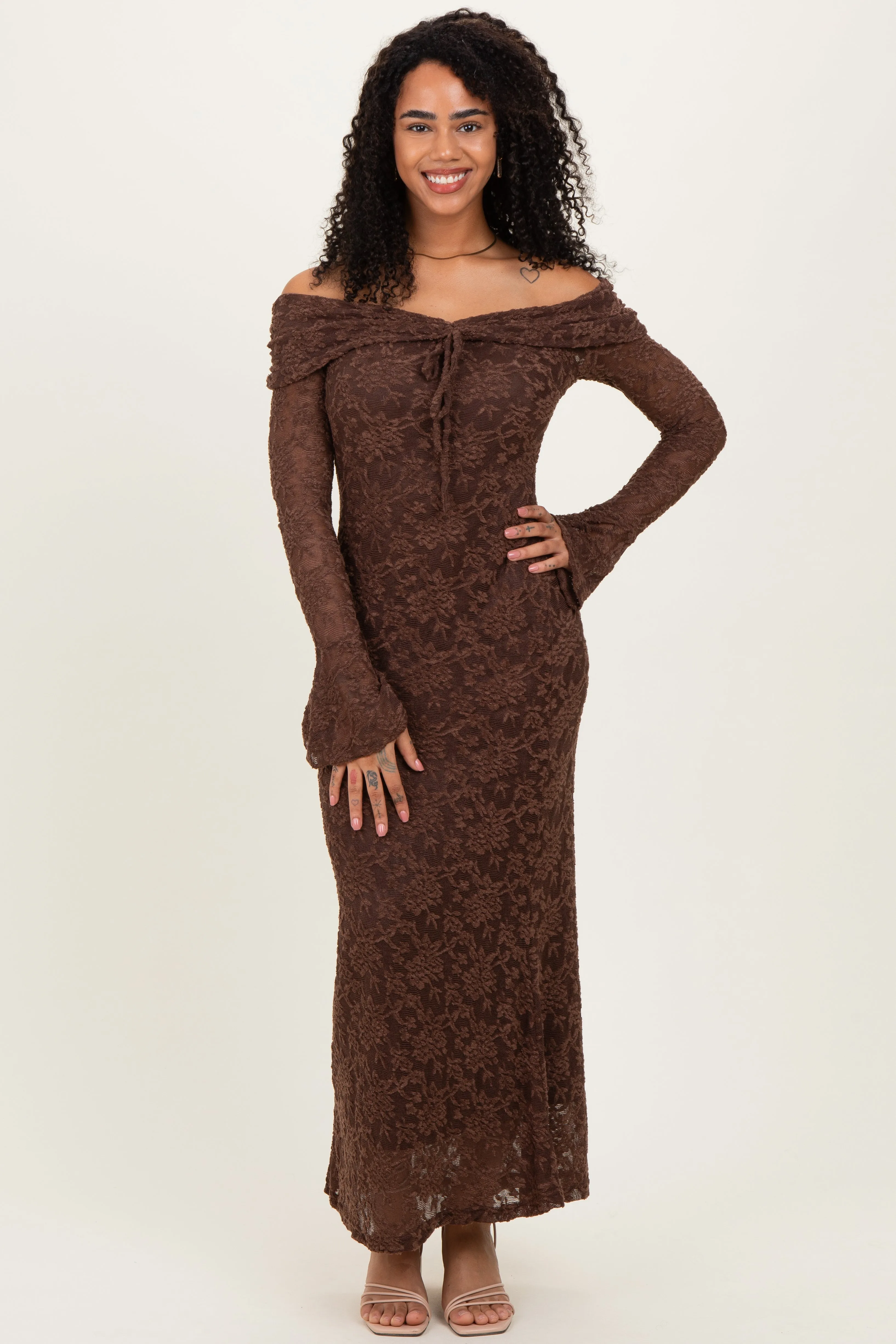 Chocolate Lace Off Shoulder Maxi Dress sold by Pinkblush