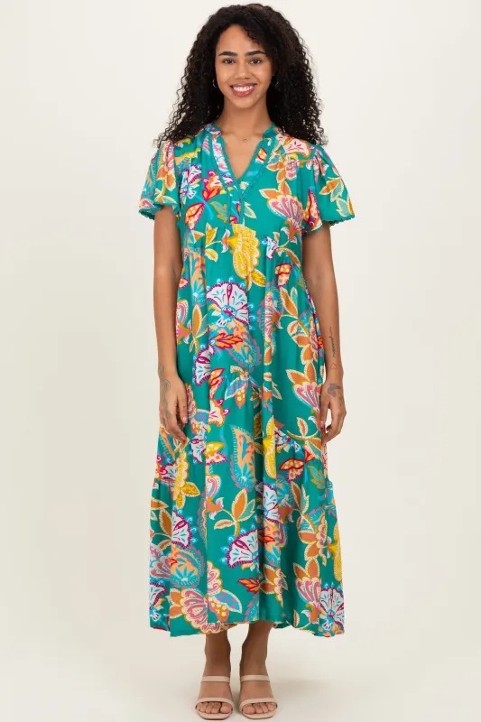 Emerald Boho Print Lace Trim Tiered Midi Dress sold by Pinkblush