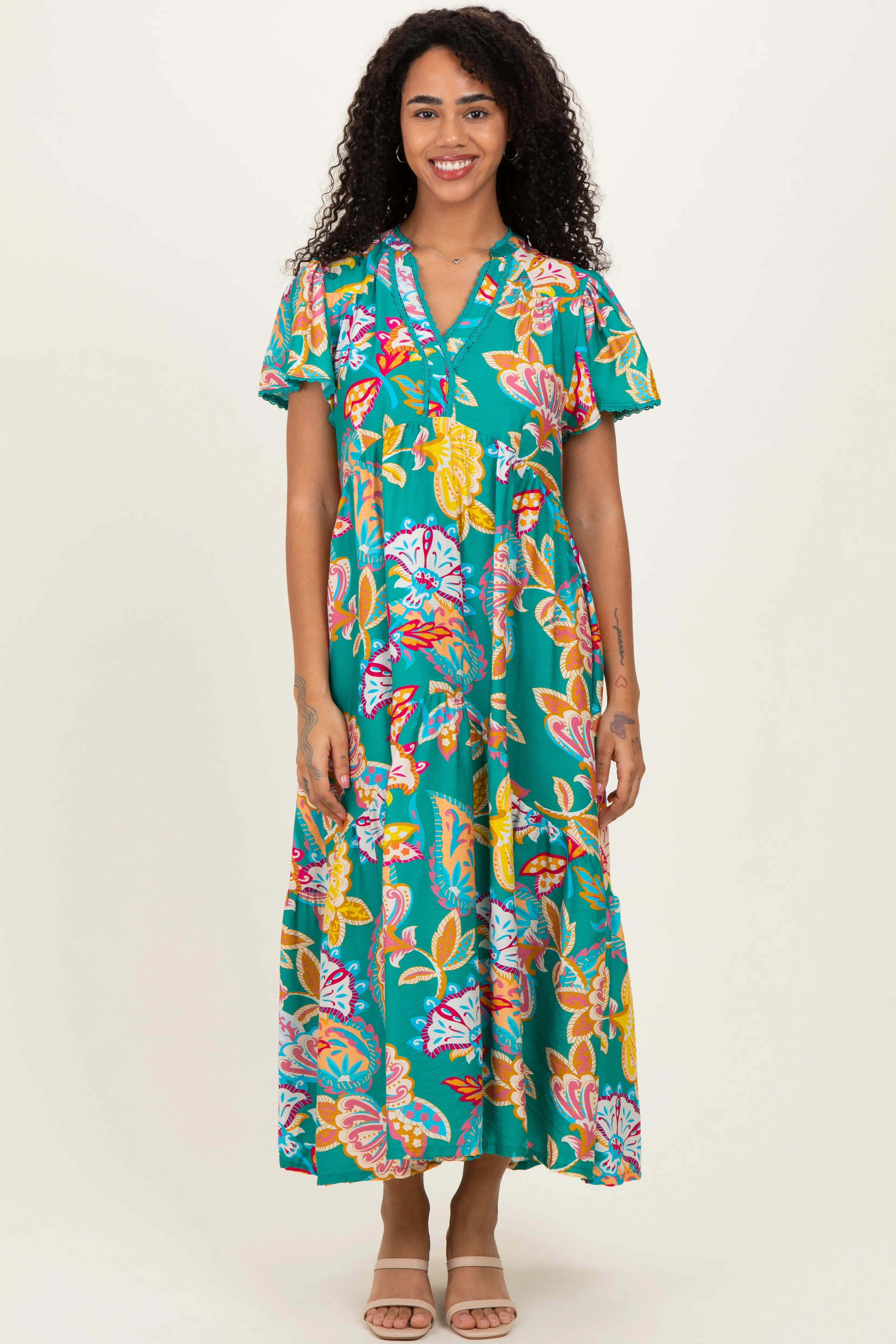 Emerald Boho Print Lace Trim Tiered Midi Dress sold by Pinkblush