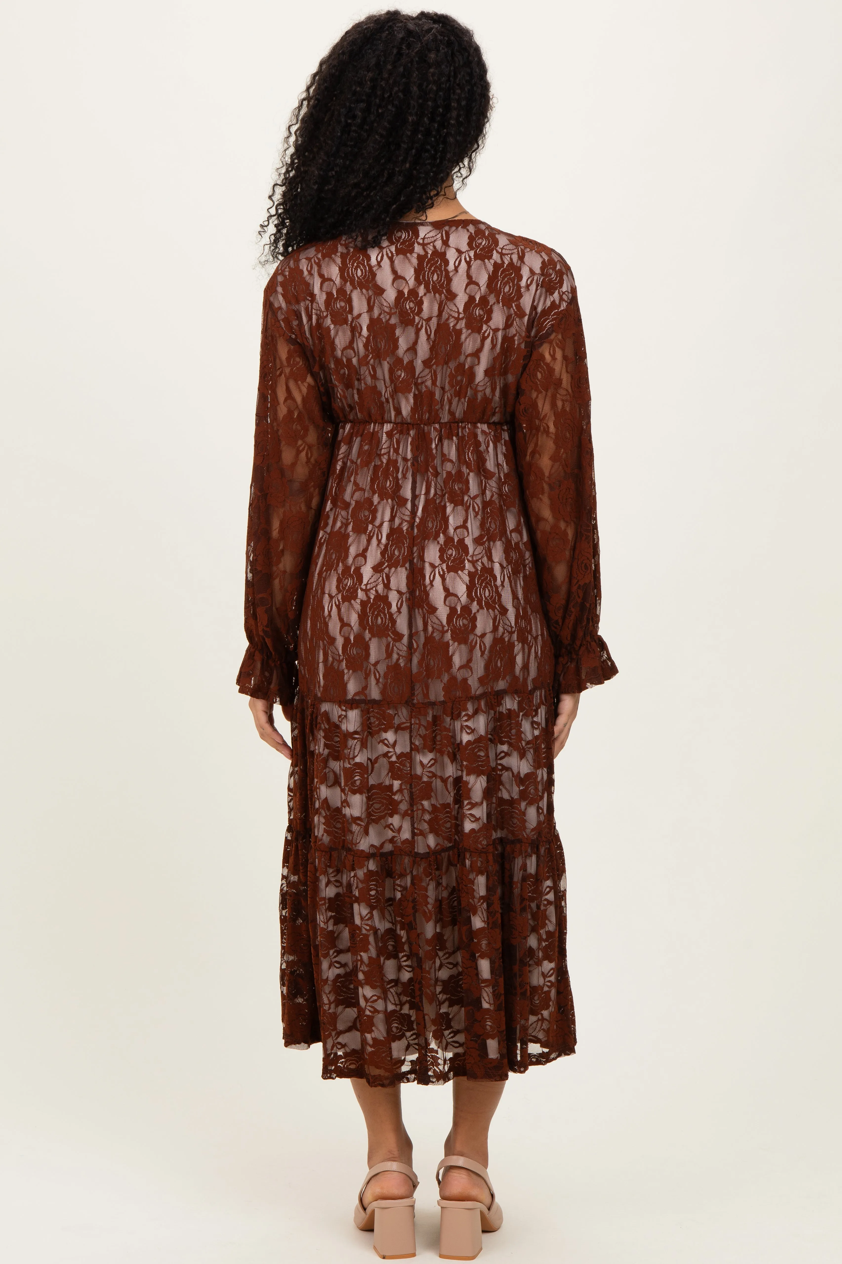 Brown Floral Lace Long Sleeve V-Neck Maxi Dress sold by Pinkblush product image thumbnail 3