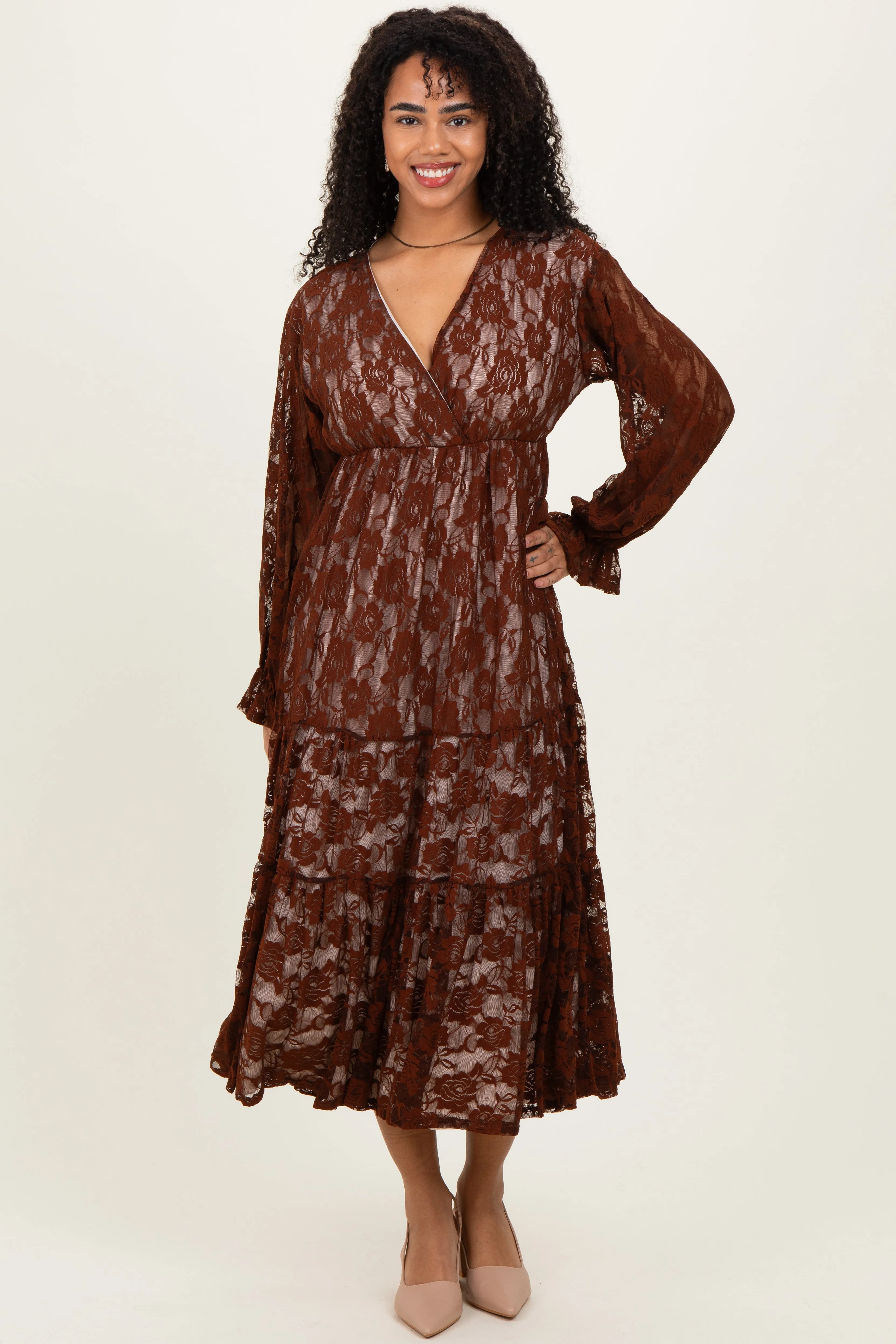 Brown Floral Lace Long Sleeve V-Neck Maxi Dress sold by Pinkblush product image thumbnail 2