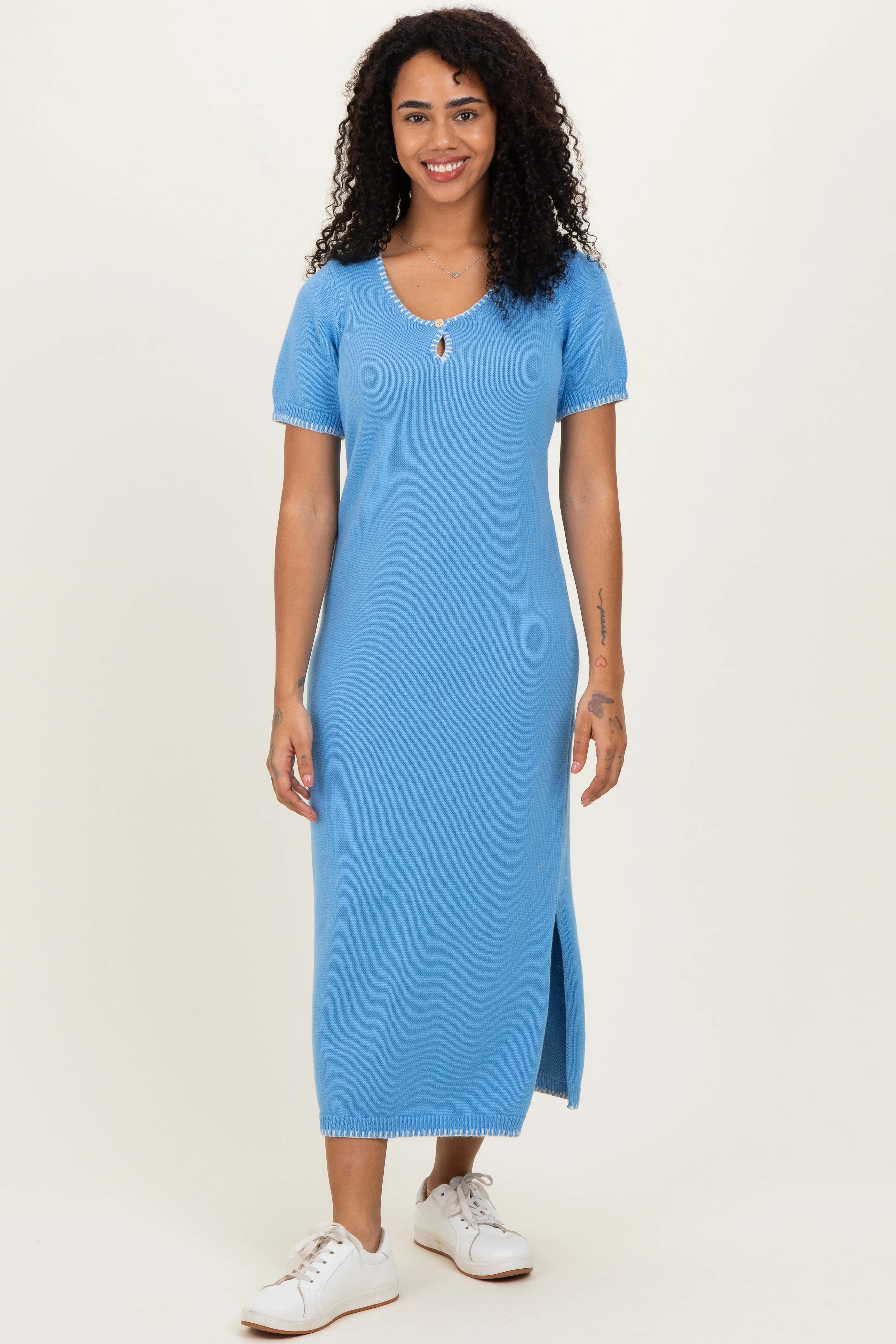 Blue Knit Contrast Stitch Detail Midi Dress sold by Pinkblush product image thumbnail 2