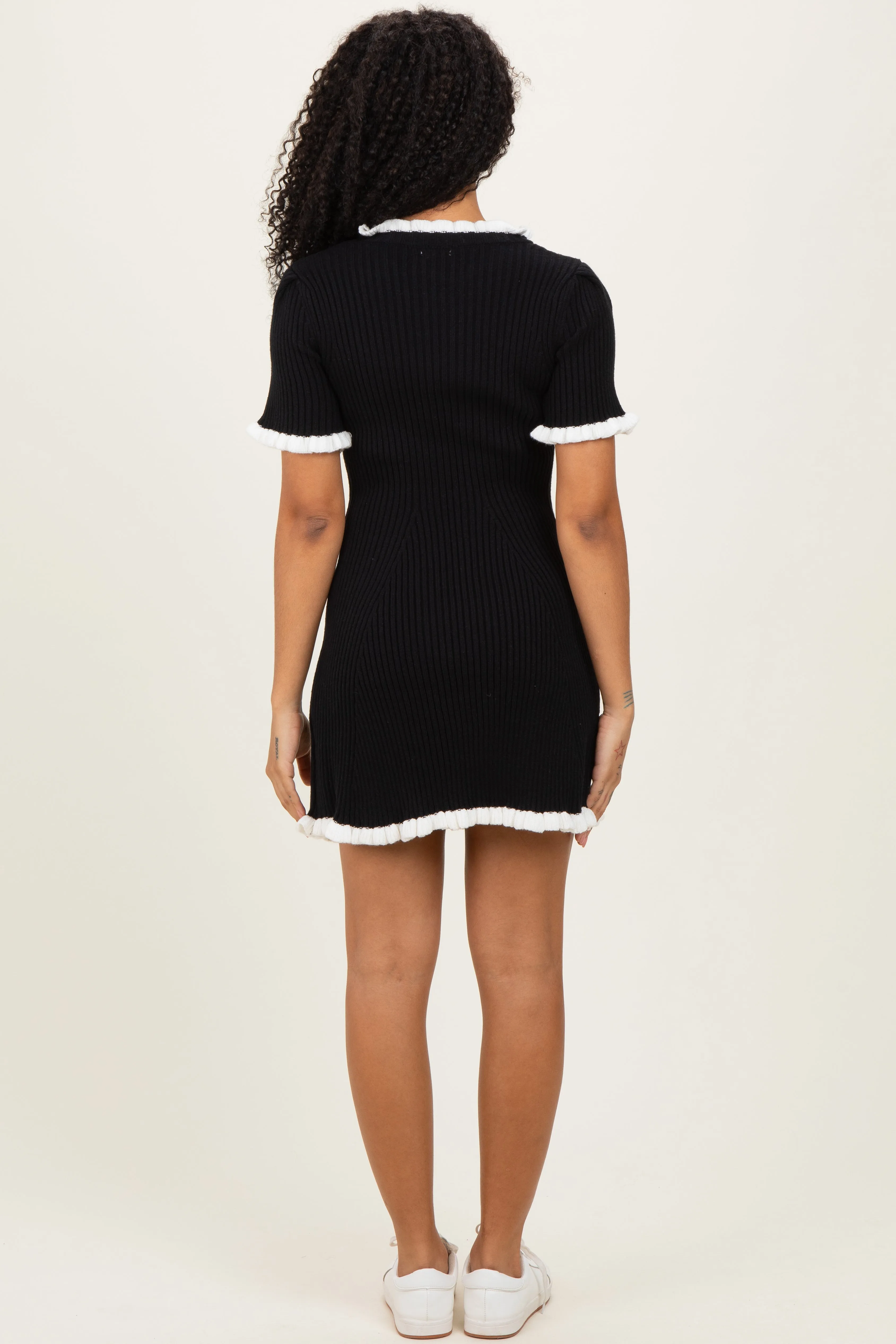 Black Ribbed Knit Ruffle Trim Mini Dress sold by Pinkblush product image thumbnail 4