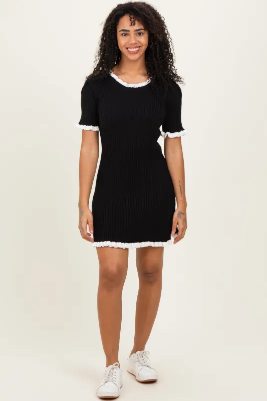 Black Ribbed Knit Ruffle Trim Mini Dress sold by Pinkblush