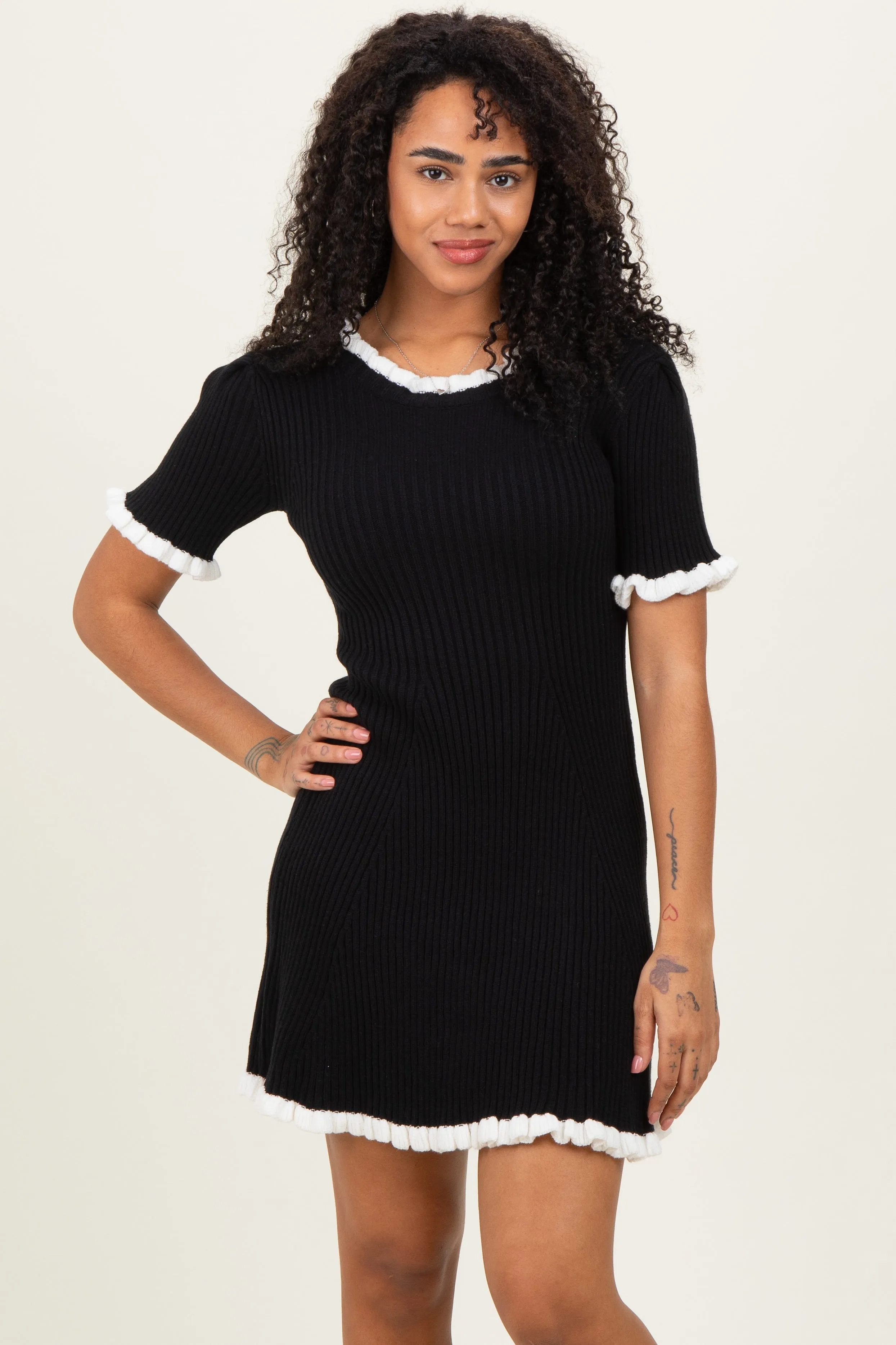 Black Ribbed Knit Ruffle Trim Mini Dress sold by Pinkblush product image thumbnail 2