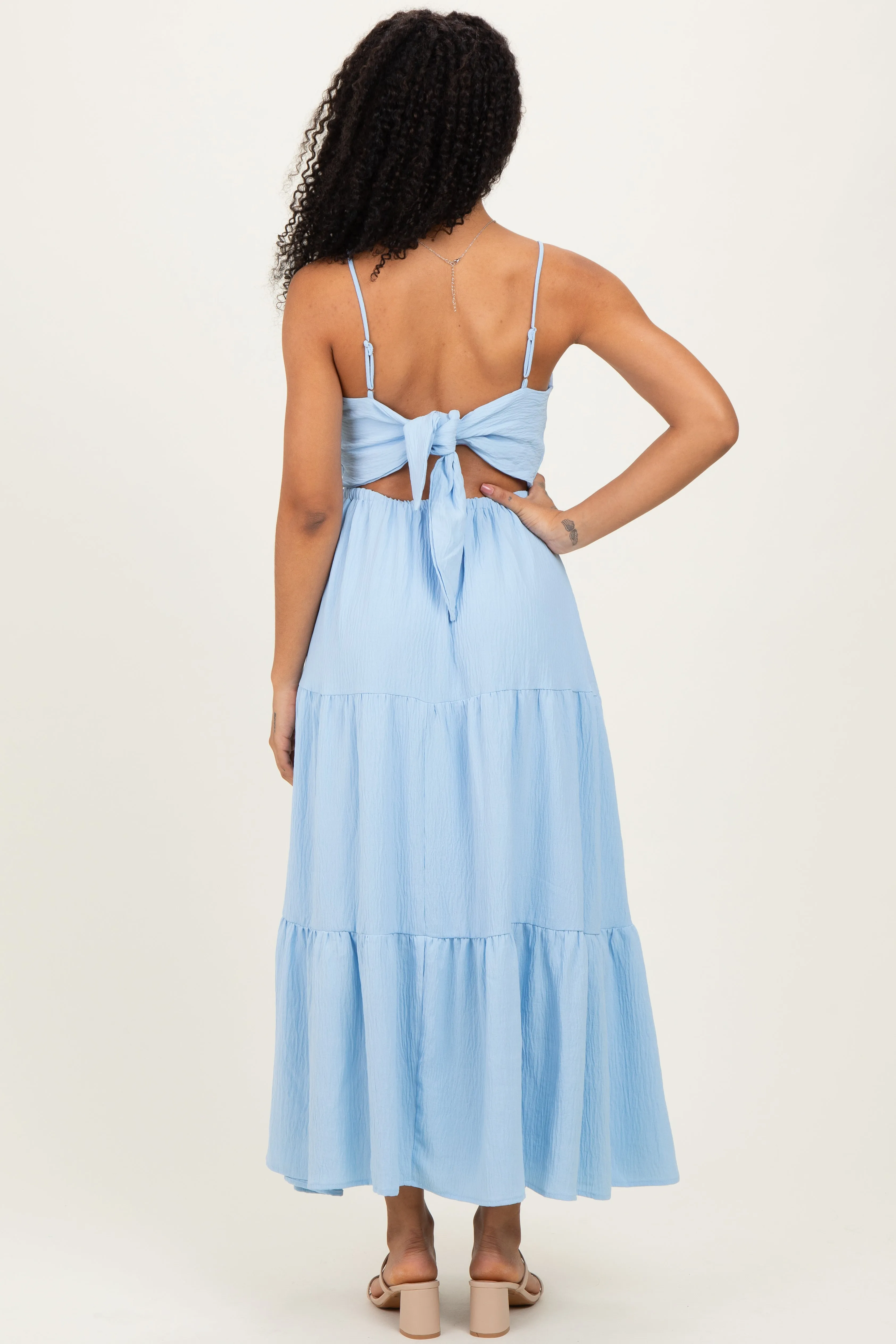 Light Blue Tiered Cutout Tie Back Midi Dress sold by Pinkblush product image thumbnail 4