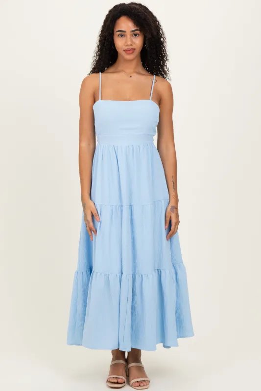 Light Blue Tiered Cutout Tie Back Midi Dress made by Lovely Day