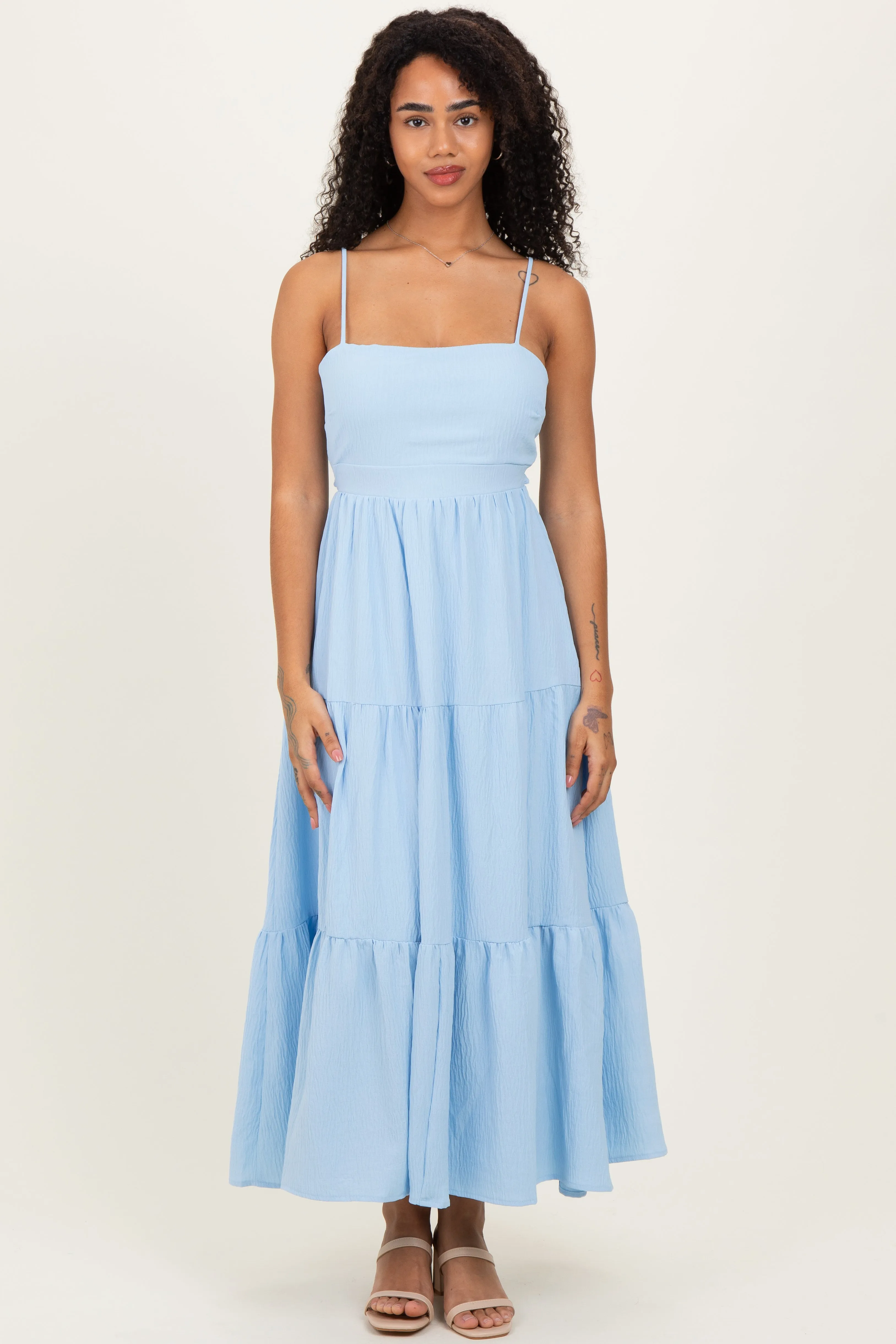 Light Blue Tiered Cutout Tie Back Midi Dress sold by Pinkblush
